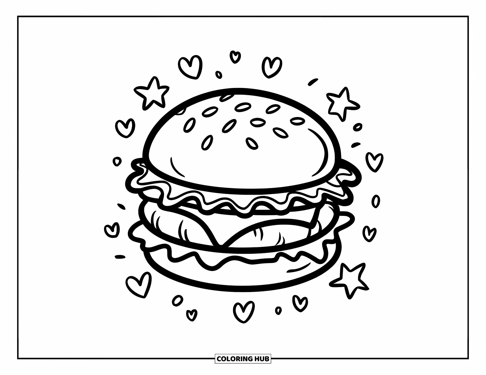 Desen de colorat cu cheeseburger pentru copii: Un cheeseburger cu toppinguri care se revarsă, înconjurat de doodle-uri jucăușe