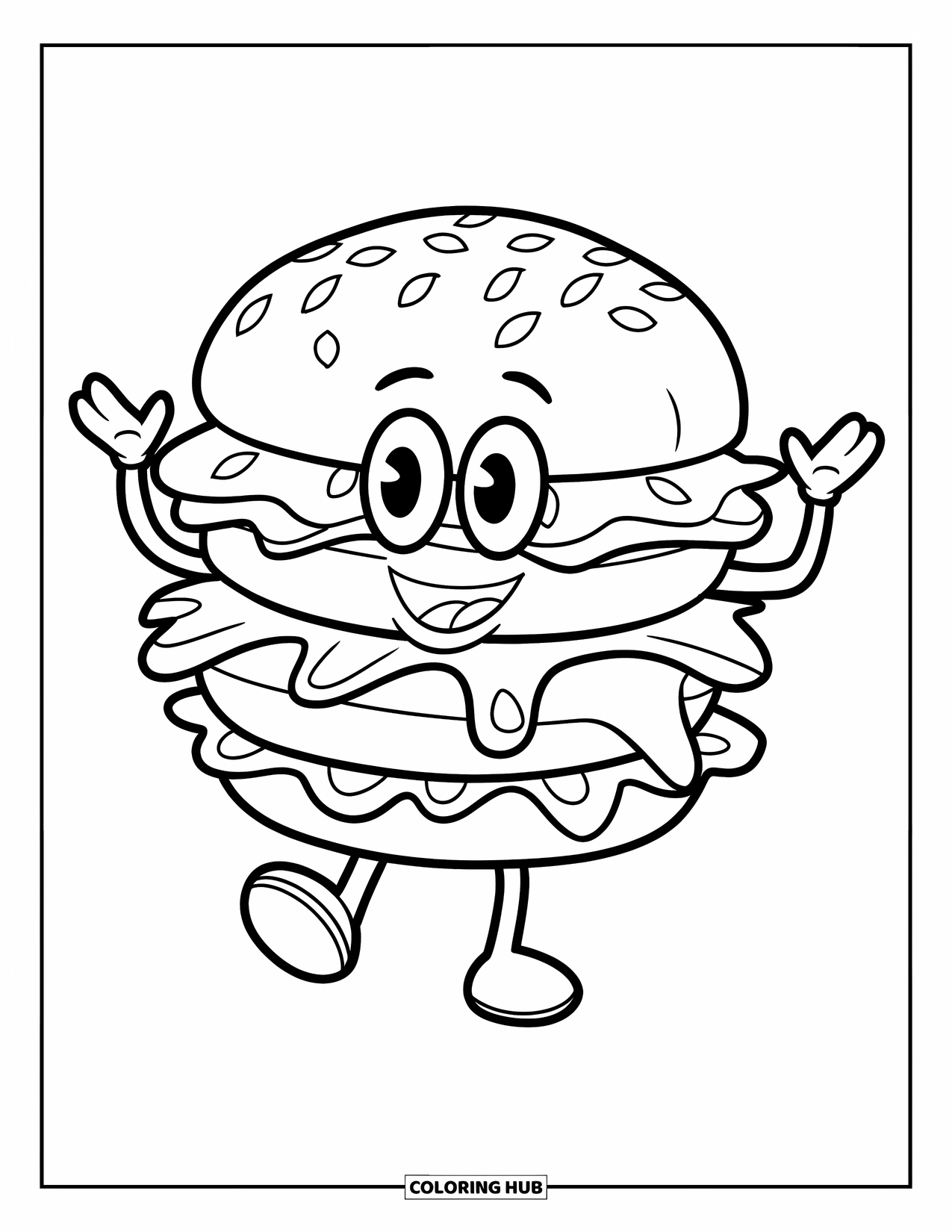 Desen de colorat cu cheeseburger pentru copii: Un cheeseburger vesel de desene animate cu brațe și picioare fluturând cu bucurie