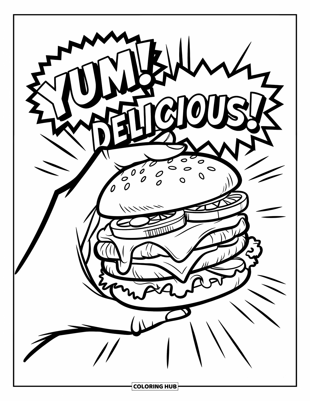 Desen de colorat cu cheeseburger pentru copii: Un cheeseburger suculent ținut într-o mână cu linii dinamice și text amuzant de benzi desenate