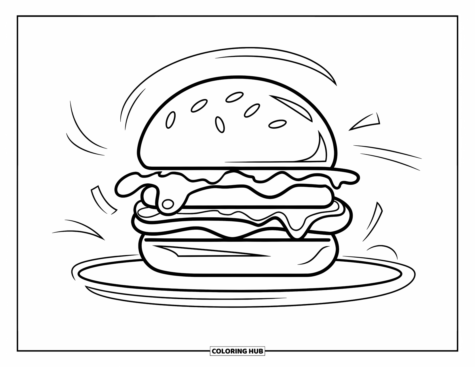 Desen de colorat cu cheeseburger pentru copii: Un cheeseburger în stilul unui semn, cu linii dinamice și un design la modă