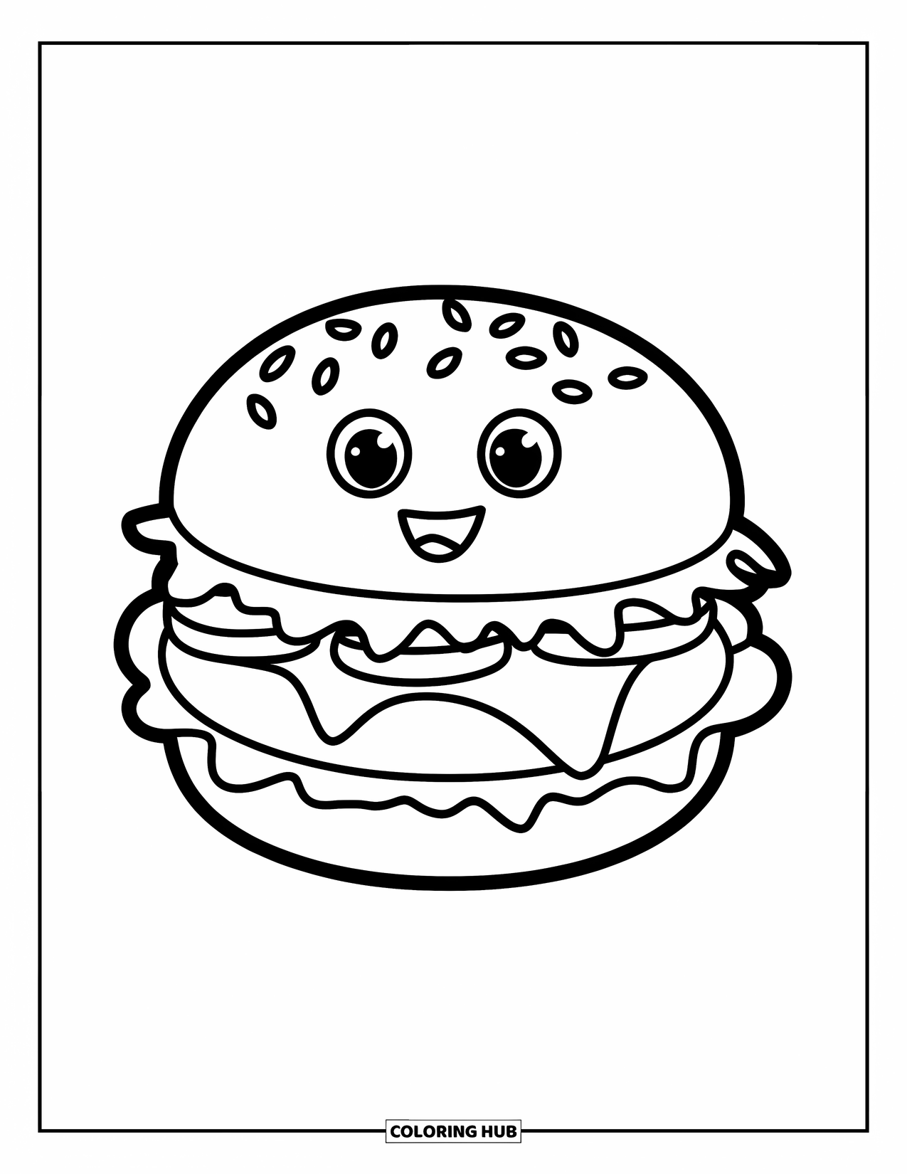 Desen de colorat cu cheeseburger pentru copii: Un cheeseburger zâmbitor cu salată, brânză și roșii pe o farfurie