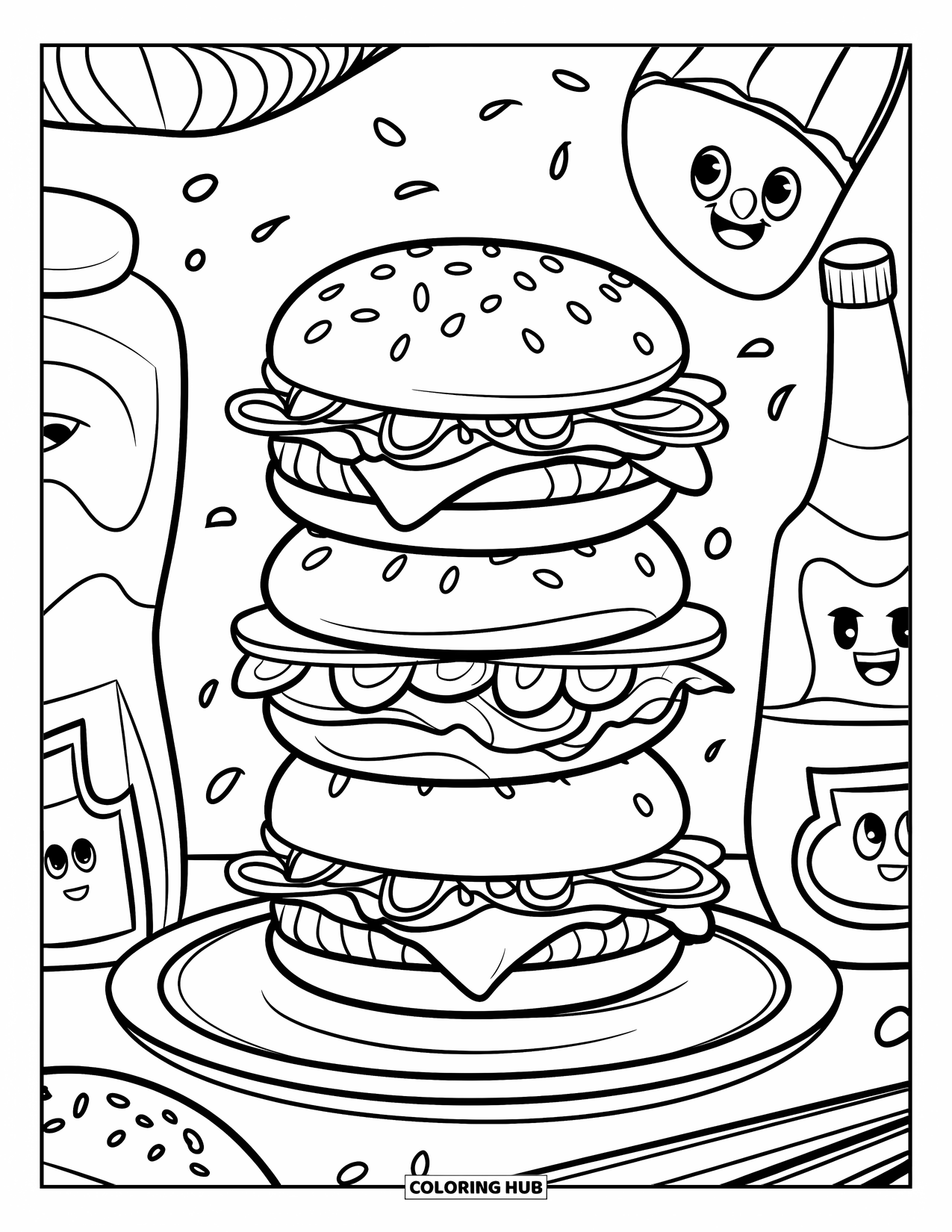 Desen de colorat cu cheeseburger pentru copii: O grămadă de cheeseburgeri pe o farfurie cu condimente vesele și elemente fantastice