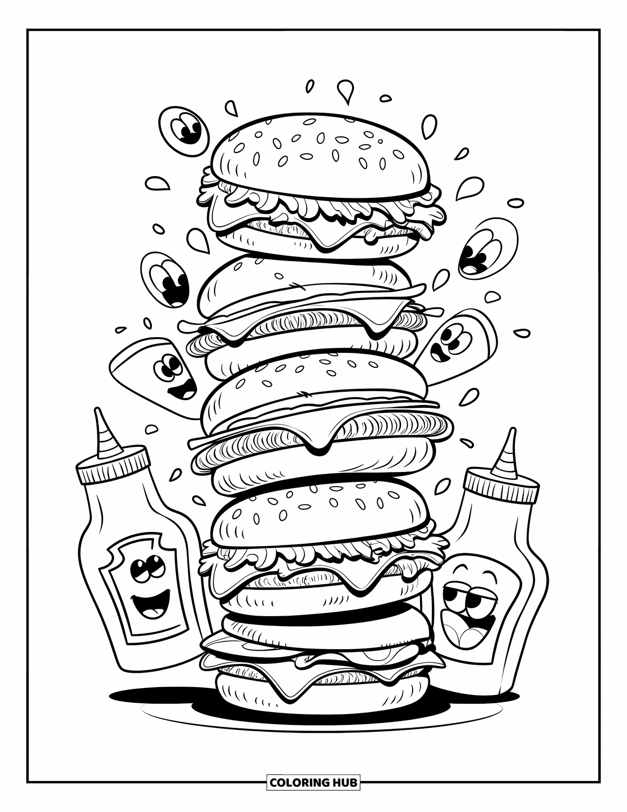 Desen de colorat cu cheeseburger pentru copii: O grămadă de cheeseburgeri cu elemente amuzante, cum ar fi sticle de ketchup și condimente vesele