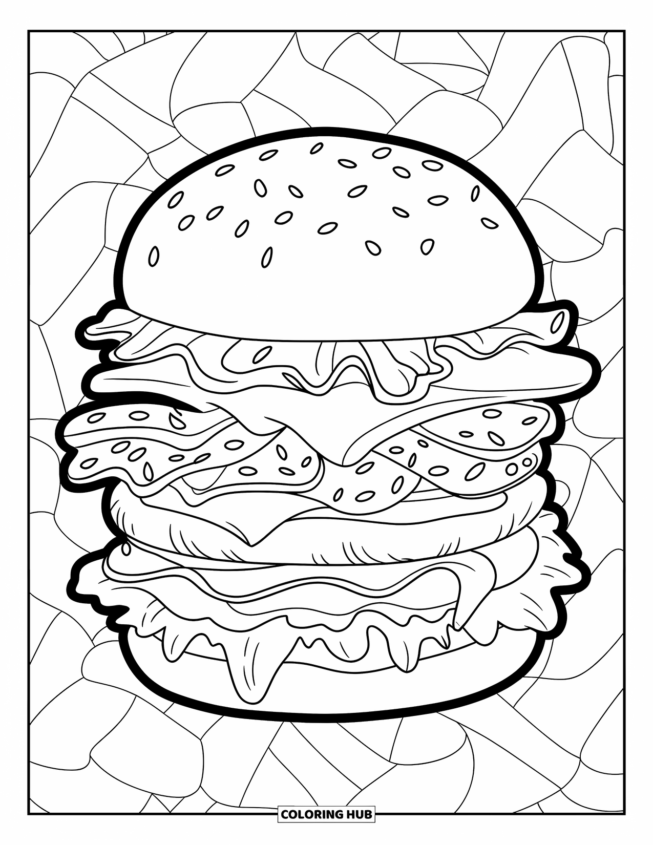 Desen de colorat cu cheeseburger pentru copii: Un cheeseburger stivuit cu toppinguri îndrăznețe, așezat pe un fundal elegant