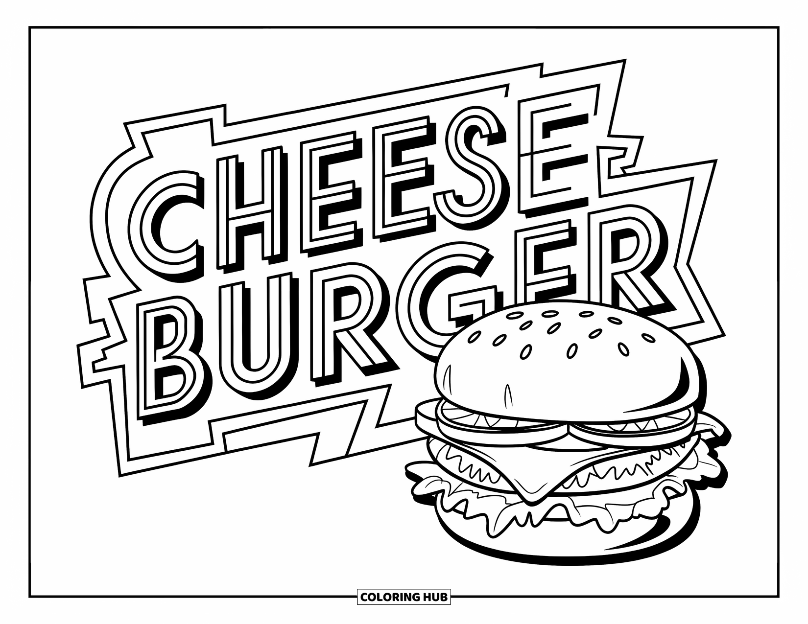 Desen de colorat cu cheeseburger pentru copii: Un cheeseburger stilizat cu text îndrăzneț și forme dinamice într-o estetică la modă