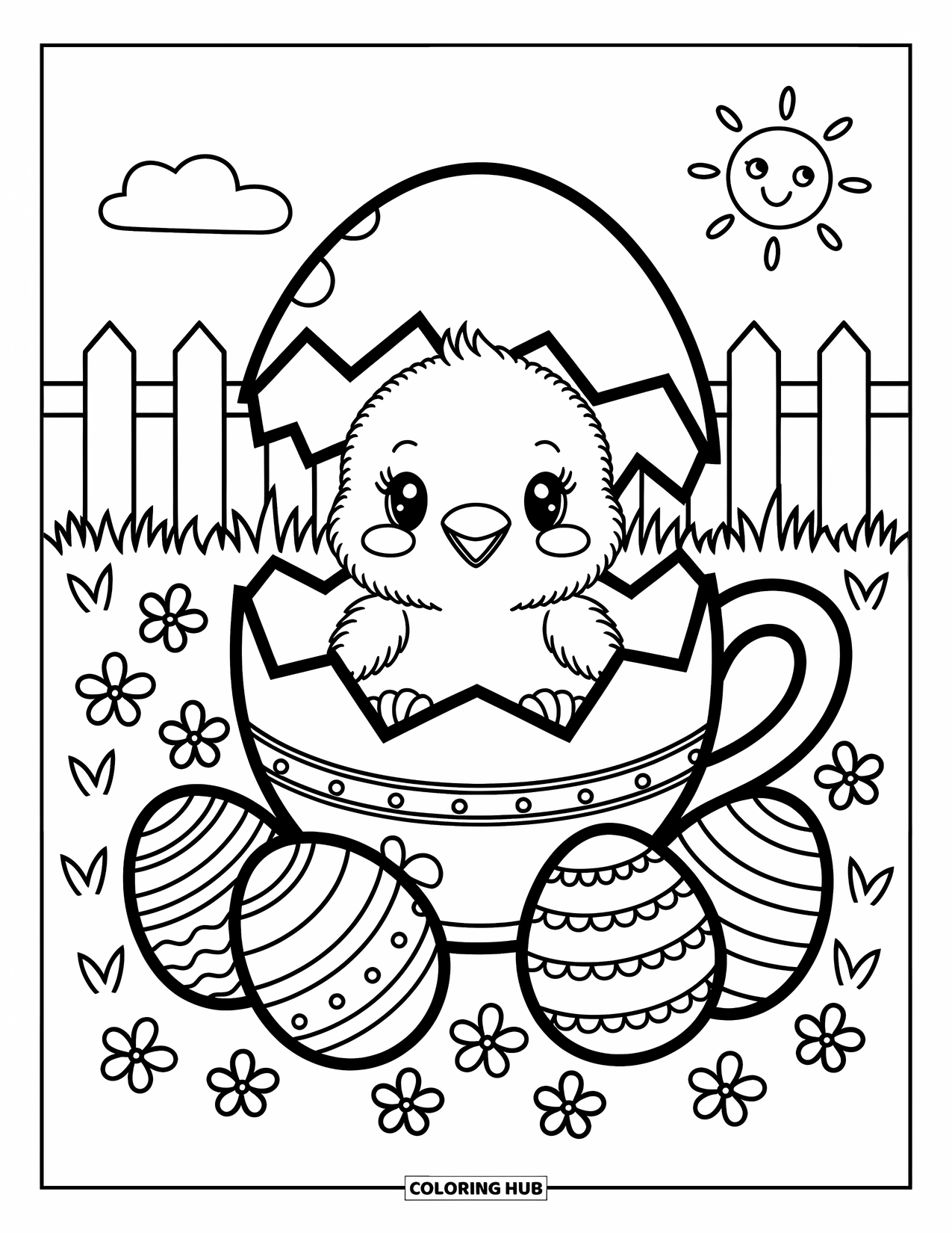 Desenho de Pintinho para Colorir para Adultos: Um bebê pintinho senta-se em uma xícara de chá de casca de ovo rachada entre ovos decorados e pétalas