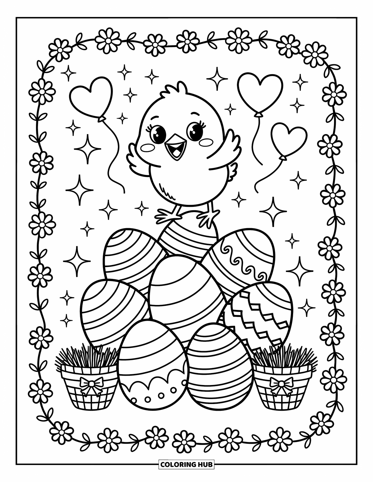 Desenho de Pintinho para Colorir para Adultos: Um pintinho saltitante pula em ovos de Páscoa aconchegantes com corações flutuantes e fitas macias