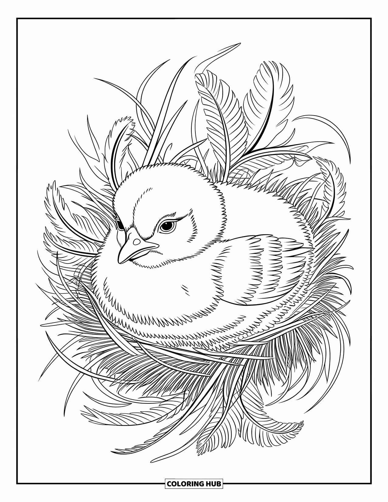 Desenho de Pintinho para Colorir para Adultos: Um pintinho calmo está aninhado em palha detalhada e penas macias em um fundo branco