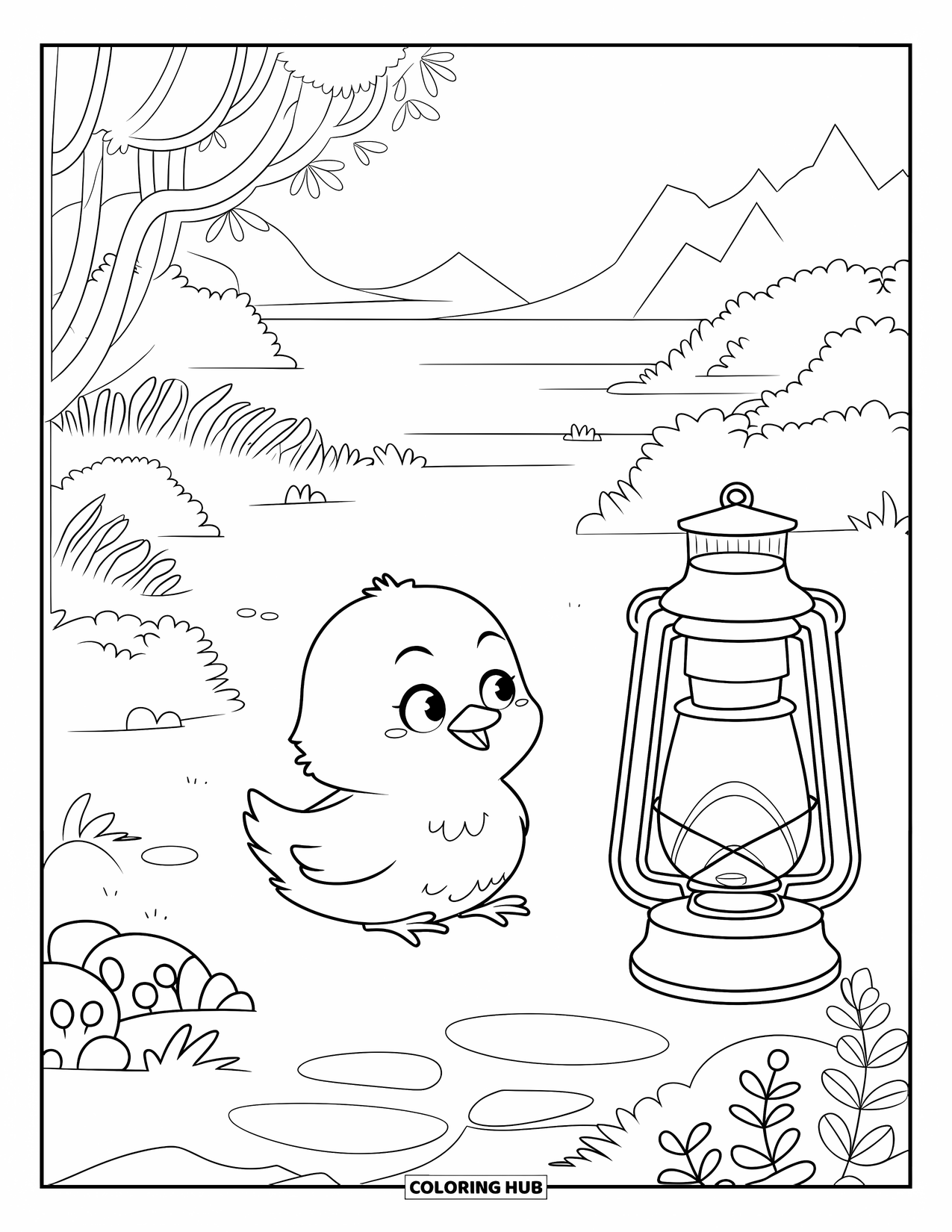 Desenho de Pintinho para Colorir para Adultos: Um pintinho calmo senta-se perto de uma lanterna em um jardim sereno perto de água e montanhas