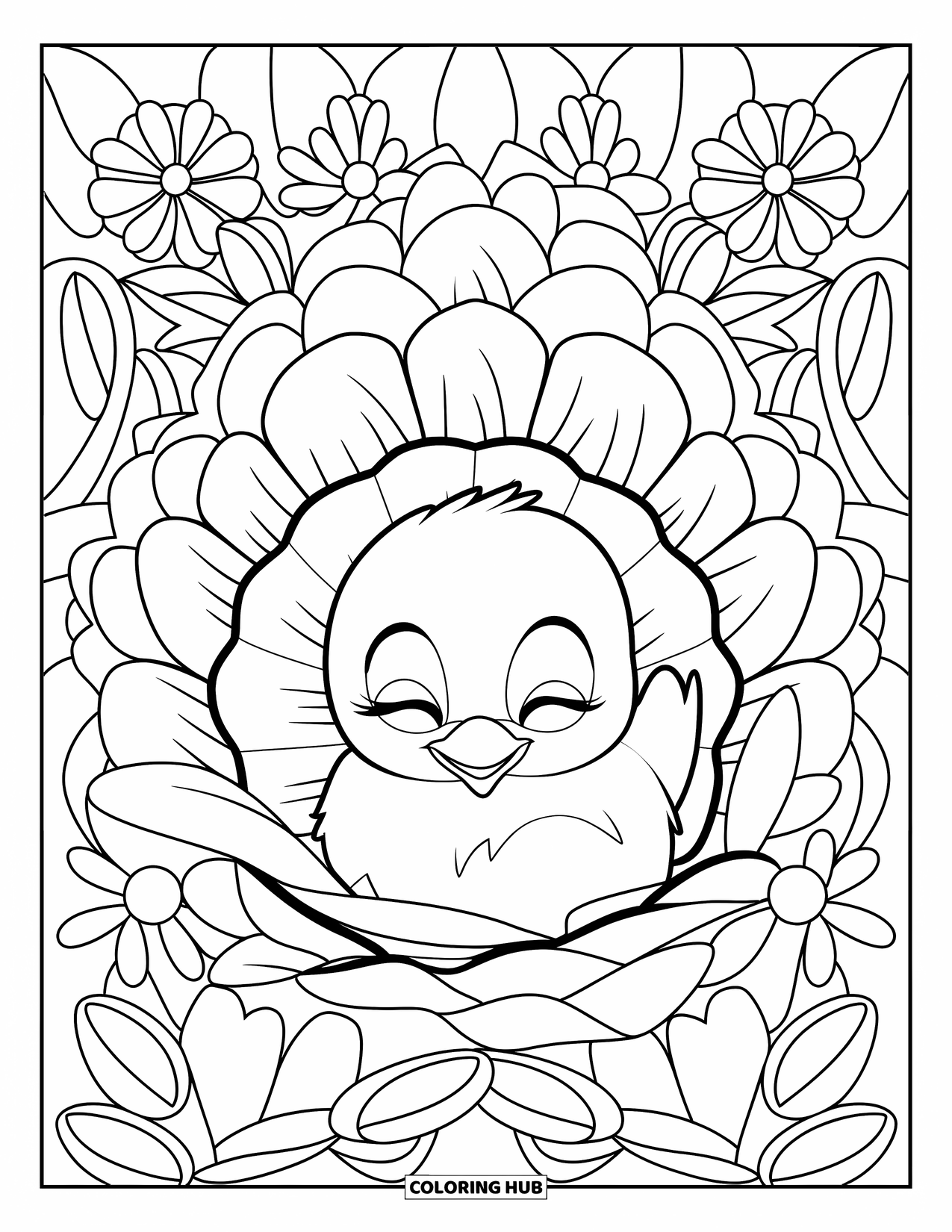 Desenho de Pintinho para Colorir para Adultos: Um pintinho calmo aninha-se em pétalas e folhas repetidas em uma cena cheia de flores