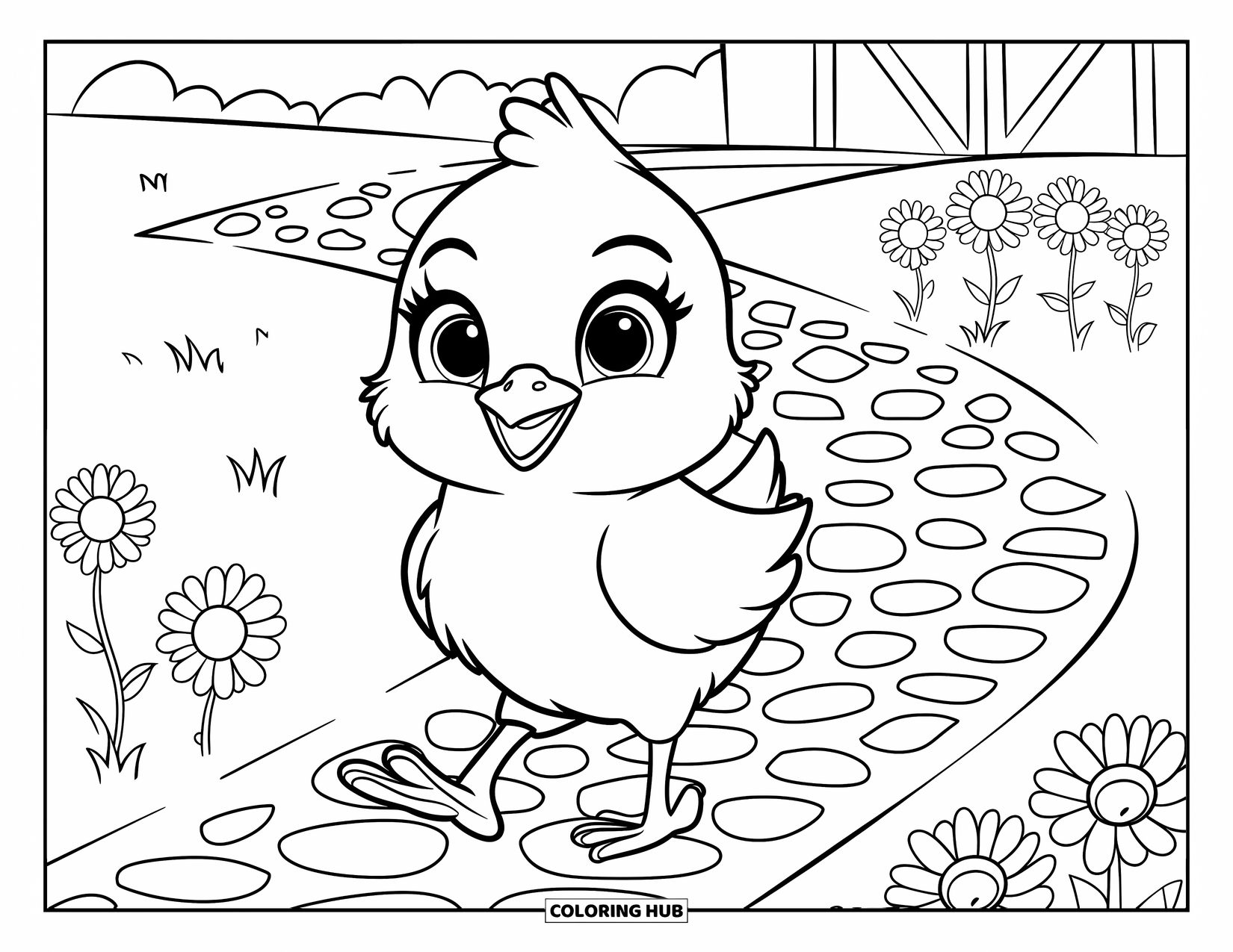 Desenho de Pintinho para Colorir para Adultos: Um pintinho alegre passeia por um caminho de paralelepípedos emoldurado por um celeiro e girassóis