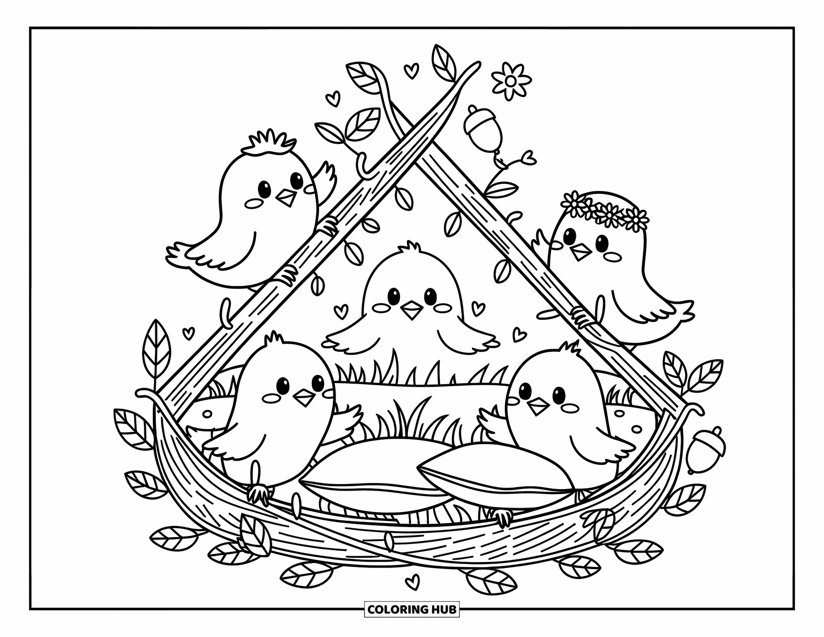 Desenho de Pintinho para Colorir para Adultos: Um pintinho alegre acena de um forte de ninho coroado de flores enquanto amigos fofam o interior