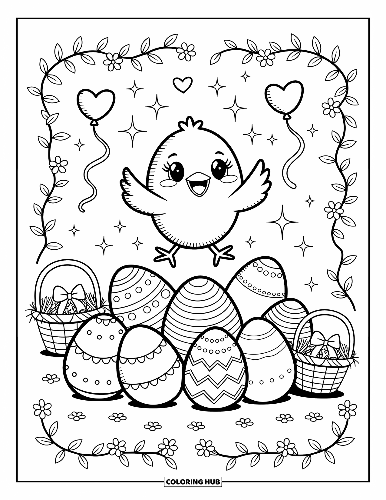 Desenho de Pintinho para Colorir para Adultos: Um pintinho pula em ovos de Páscoa cercado por brilhos, vinhas e cestas amarradas com fitas