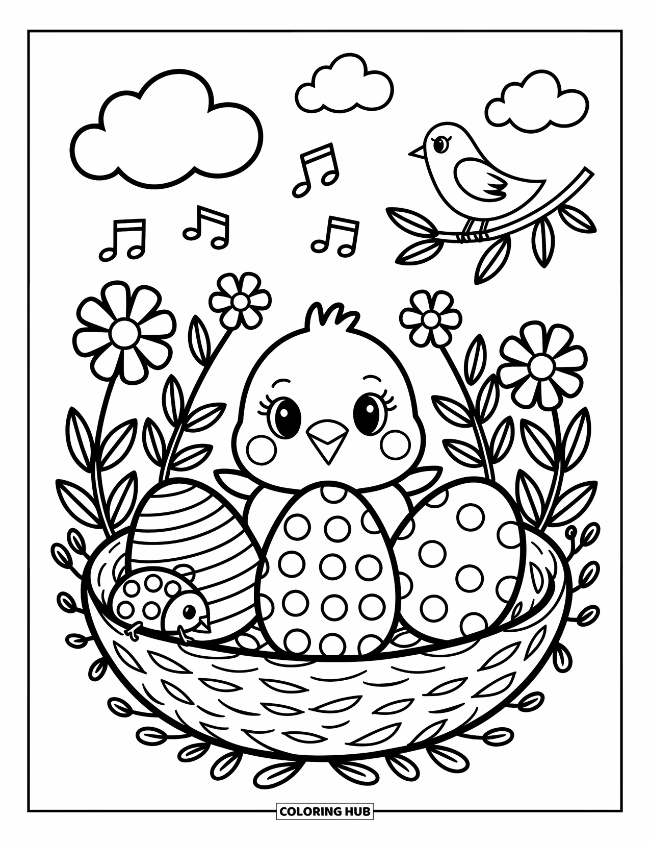 Desenho de Pintinho para Colorir para Adultos: Um pintinho em um ninho florido observa uma joaninha enquanto a música flutua de um pássaro
