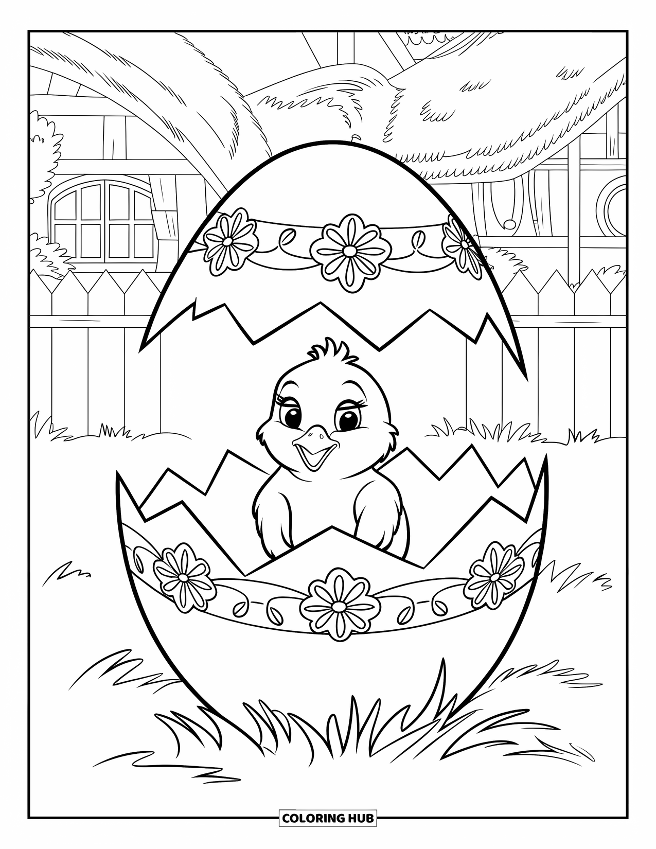 Desenho de Pintinho para Colorir para Adultos: Um pintinho dentro de um ovo estampado descansa perto de uma cabana aconchegante e uma cerca de madeira