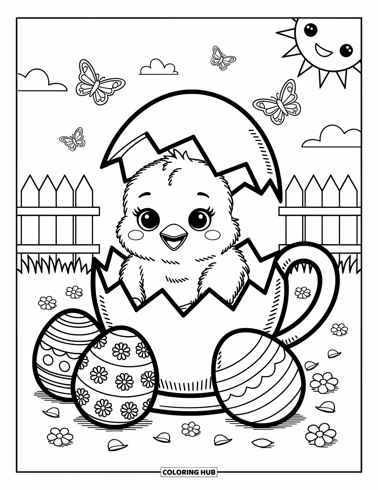 Desenho de Pintinho para Colorir para Adultos: Um pintinho espreita de uma xícara de chá de casca de ovo cercado por borboletas, grama e um sol sorridente