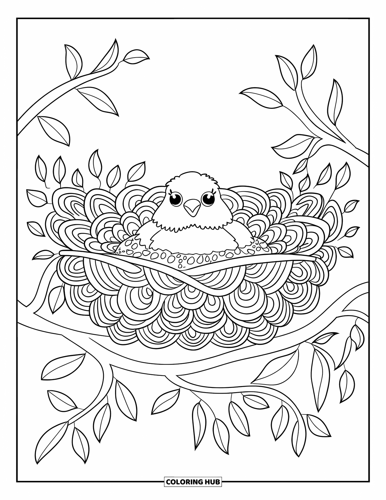 Desenho de Pintinho para Colorir para Adultos: Um pintinho espreita para fora de um ninho mandala em espiral empoleirado em um galho tranquilo