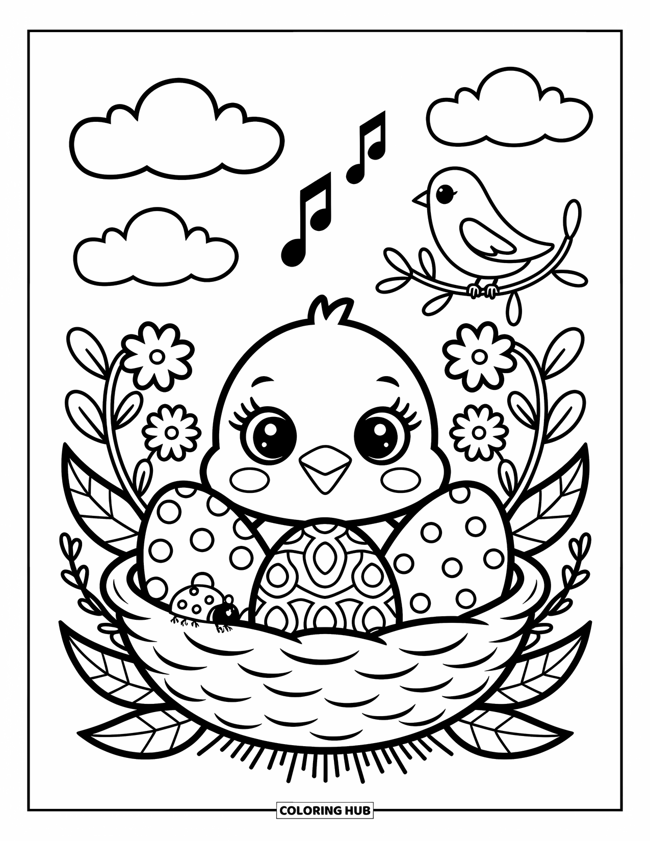 Desenho de Pintinho para Colorir para Adultos: Um pintinho espreita para fora de um ninho aconchegante com ovos, uma joaninha e um pássaro cantando