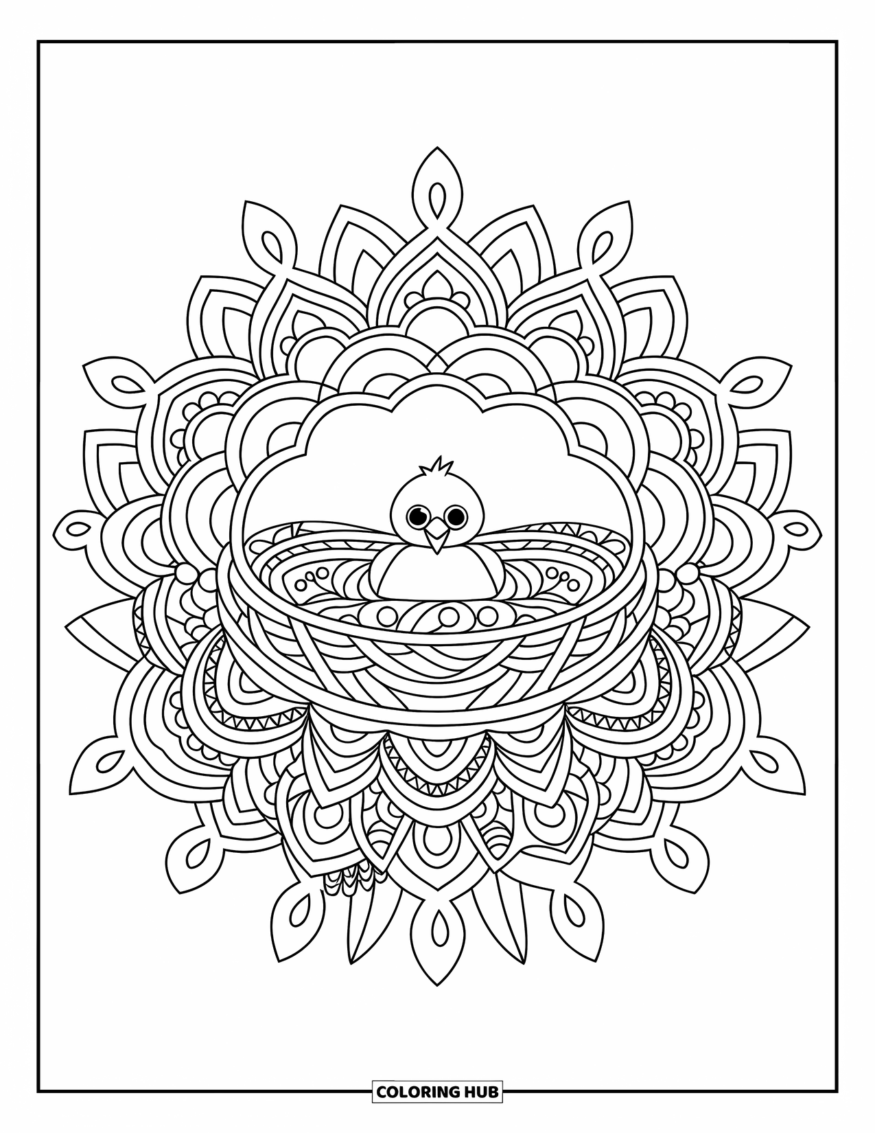 Desenho de Pintinho para Colorir para Adultos: Um pintinho descansa no coração de um ninho detalhado em estilo mandala em um fundo branco