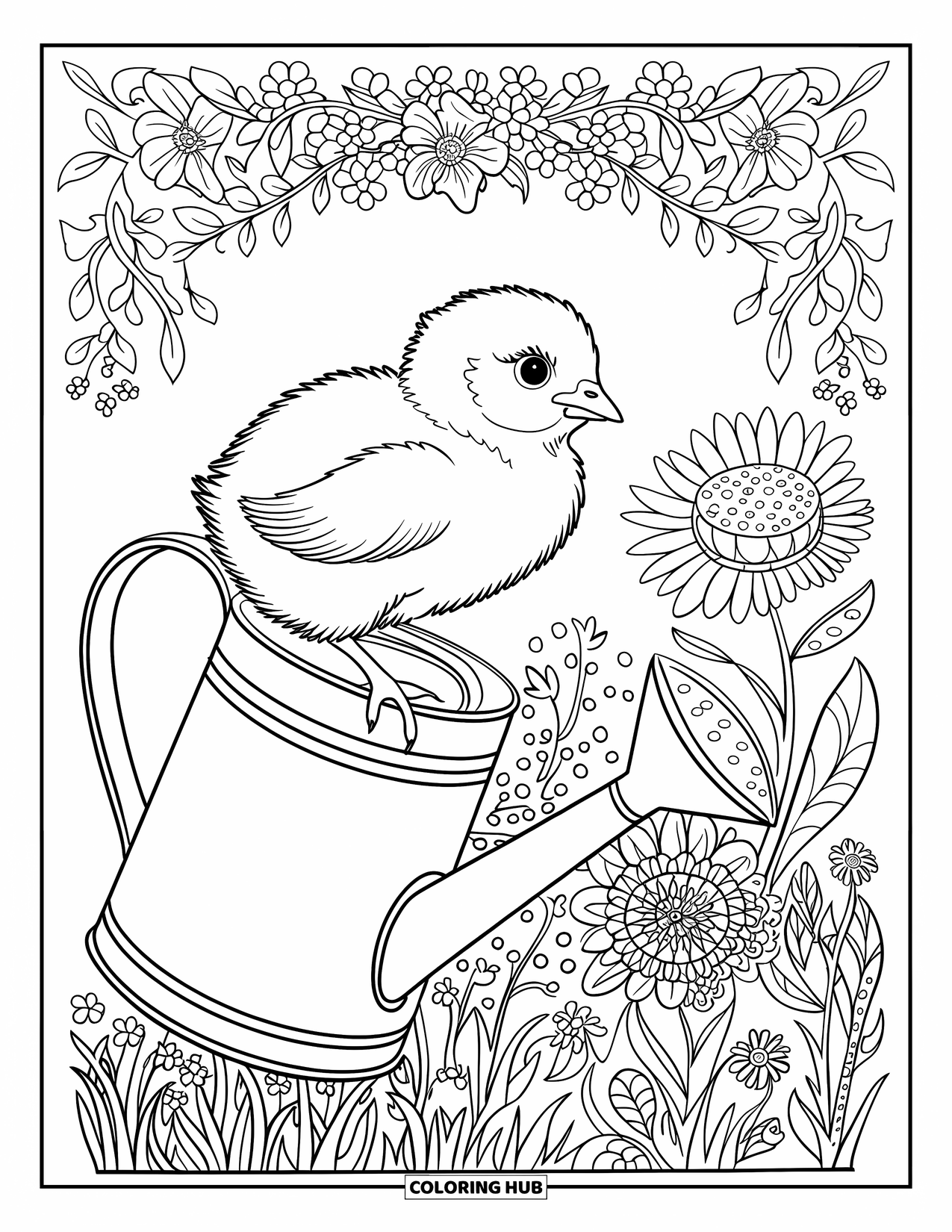 Desenho de Pintinho para Colorir para Adultos: Um pintinho descansa em um regador com flores estampadas e caules frondosos ao redor