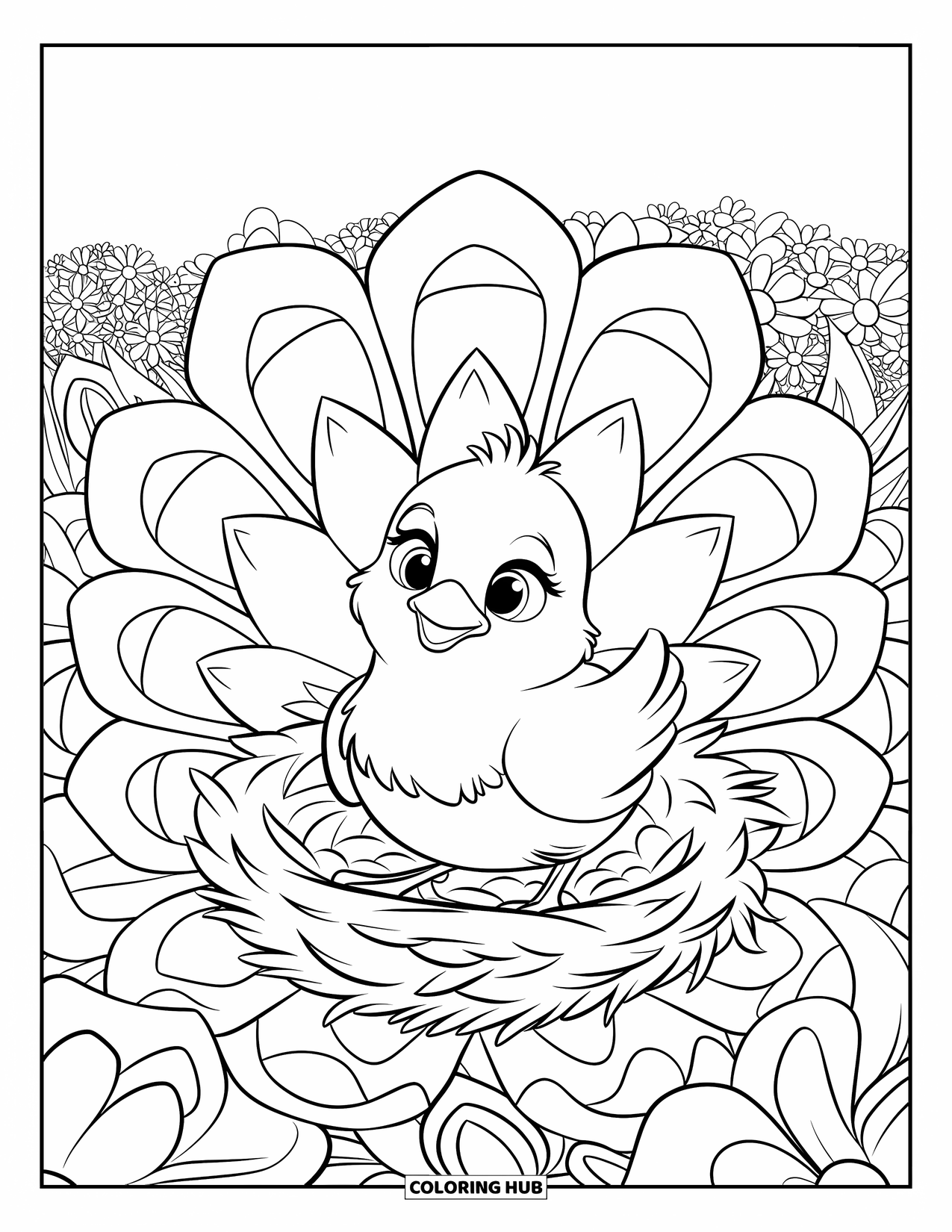 Desenho de Pintinho para Colorir para Adultos: Um pintinho senta-se entre pétalas e folhas em camadas em um padrão floral suave e repetido
