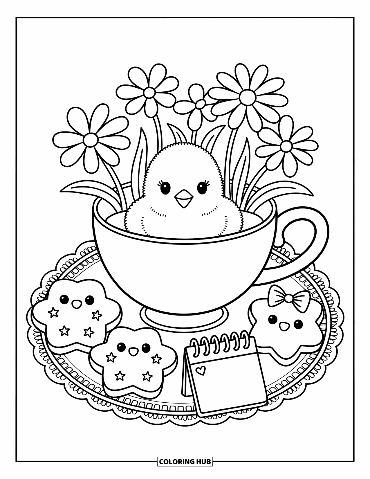 Desenho de Pintinho para Colorir para Adultos: Um pintinho senta-se em uma xícara de chá florida com biscoitos, brilhos e um calendário marcado com um coração