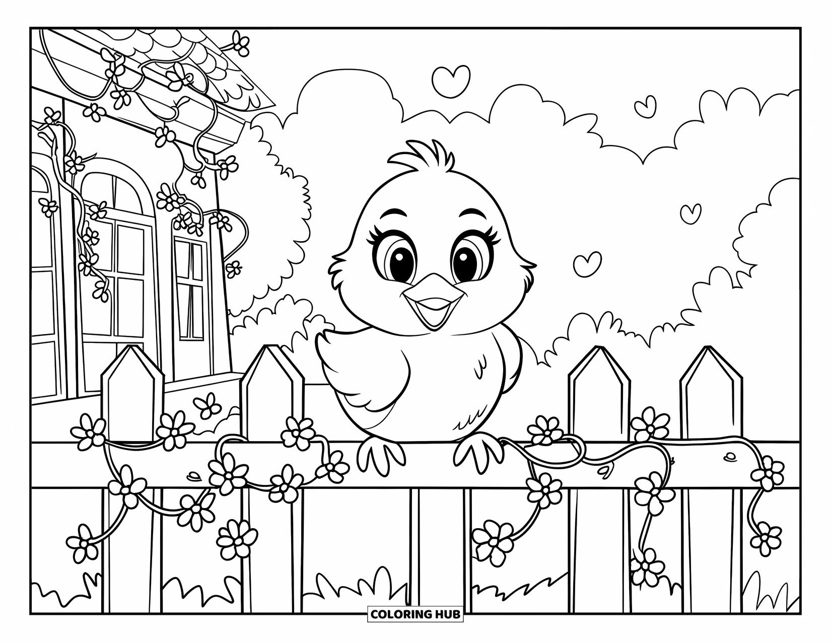 Desenho de Pintinho para Colorir para Adultos: Um pintinho senta-se em uma cerca vintage coberta de vinhas e flores perto de uma casa tranquila