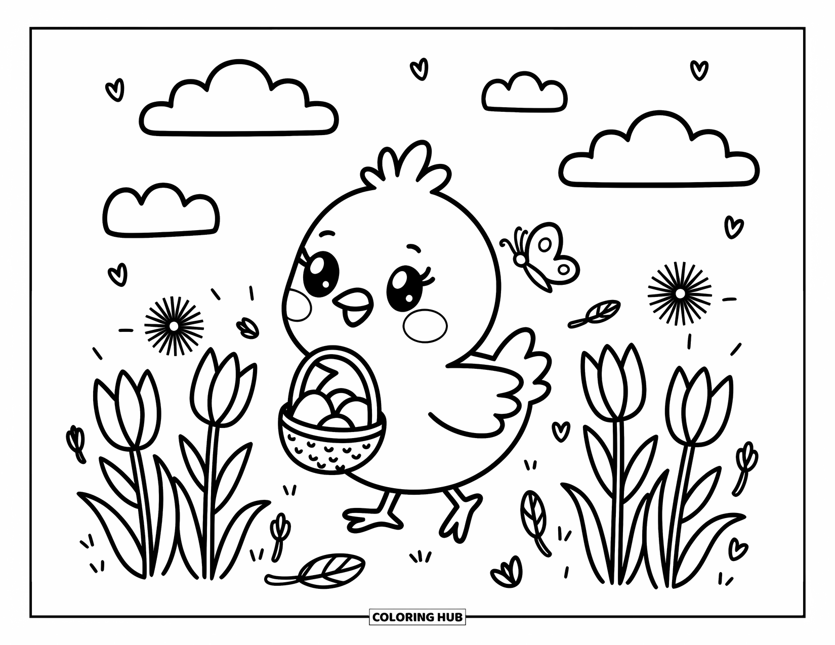 Desenho de Pintinho para Colorir para Adultos: Um pintinho passeia por tulipas com uma cesta de ovos e uma borboleta em sua asa