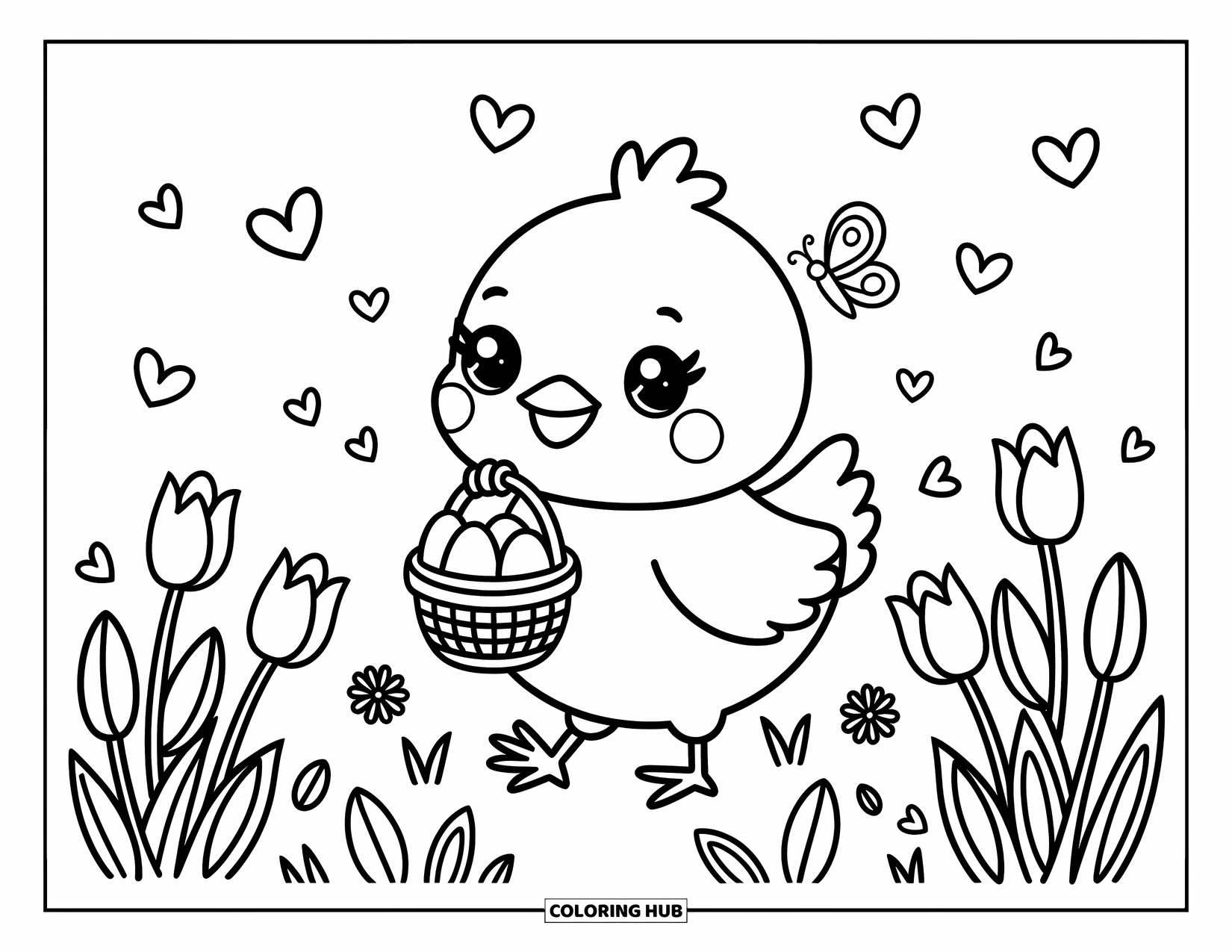 Desenho de Pintinho para Colorir para Adultos: Um pintinho com uma cesta de ovos passeia por um campo arejado sob nuvens fofas em forma de coração