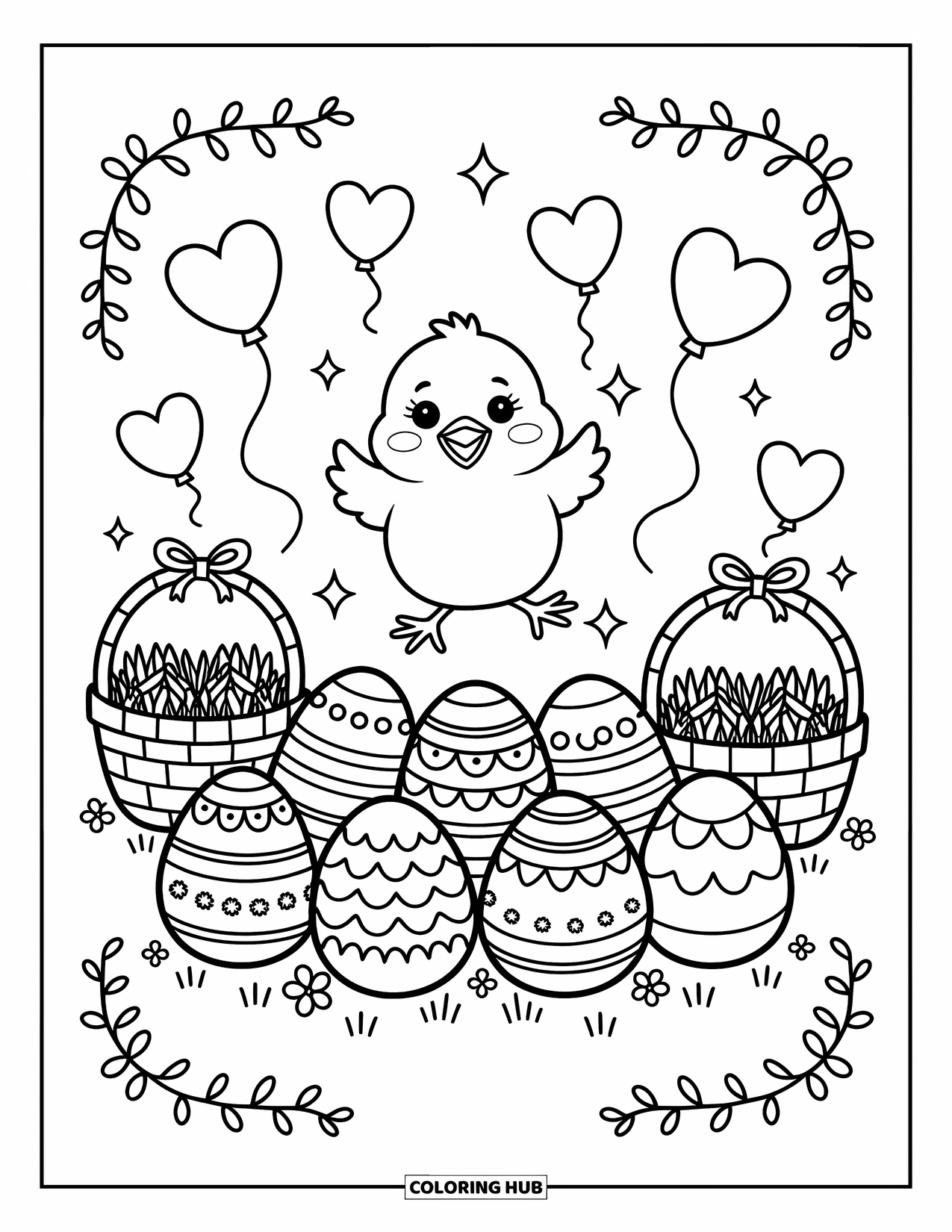 Desenho de Pintinho para Colorir para Adultos: Um pintinho alegre salta em ovos de Páscoa decorados com balões de coração flutuando acima