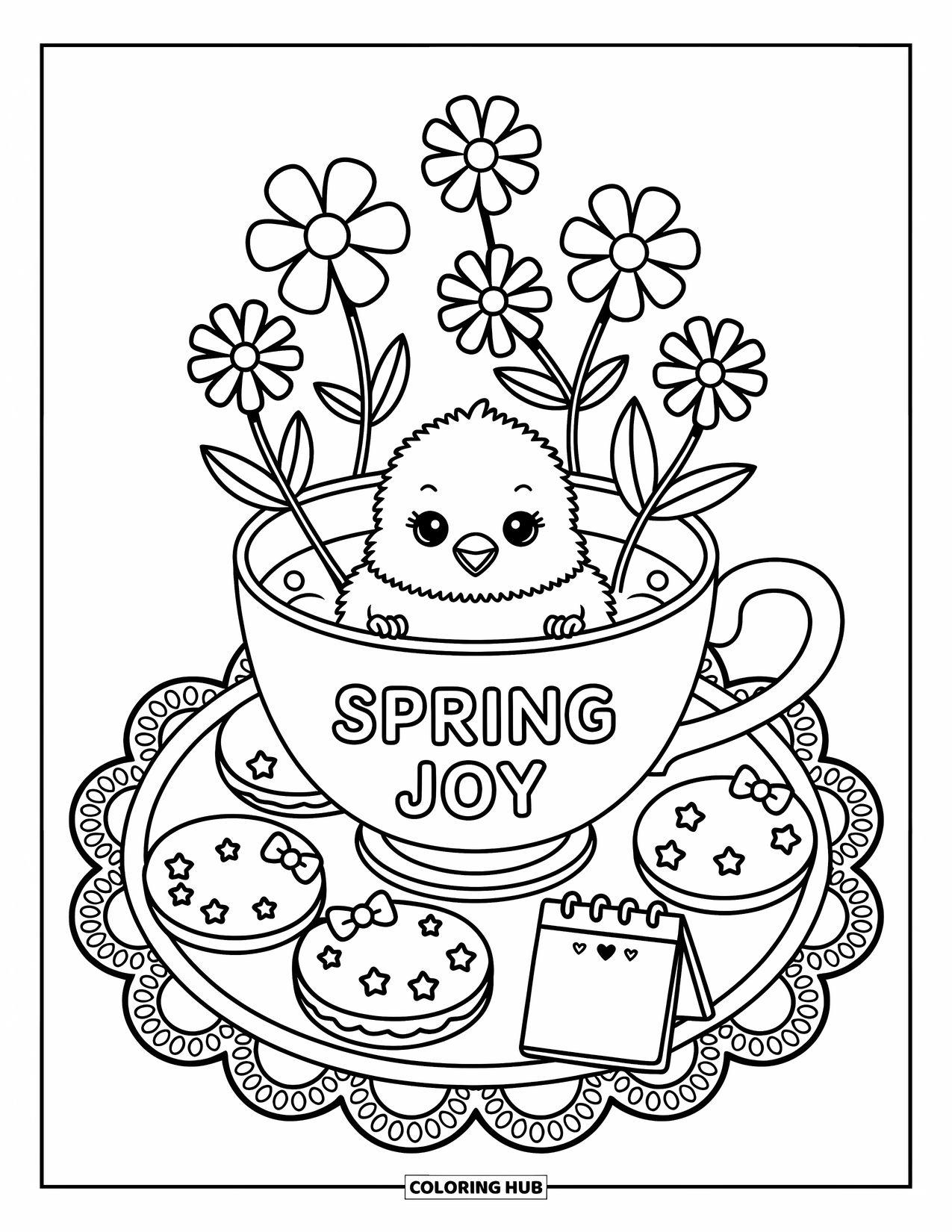 Desenho de Pintinho para Colorir para Adultos: Um pequeno pintinho aninha-se em uma xícara de chá com a frase "Alegria da Primavera" cercado por biscoitos e laços