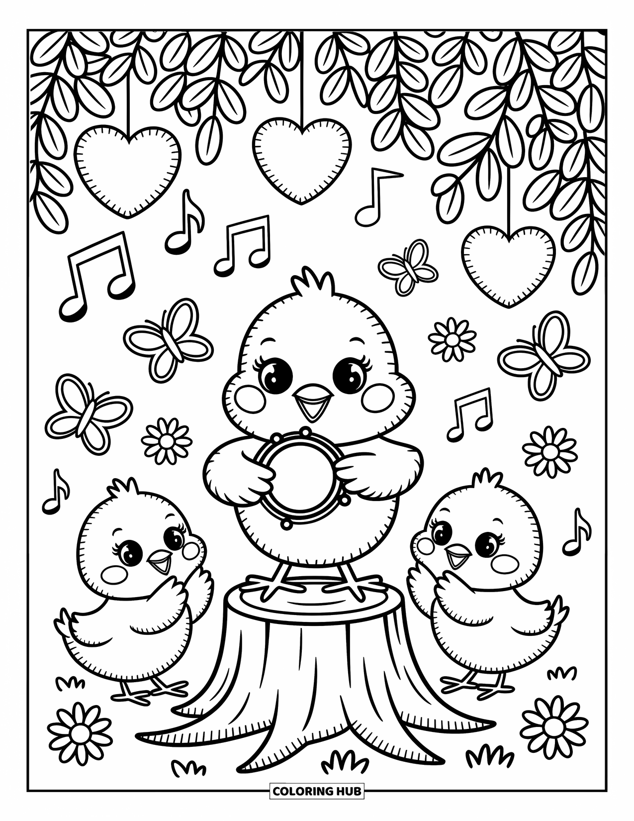 Desenho de Pintinho para Colorir para Adultos: Um pintinho musical se apresenta enquanto outros aplaudem sob estrelas e arbustos em forma de coração