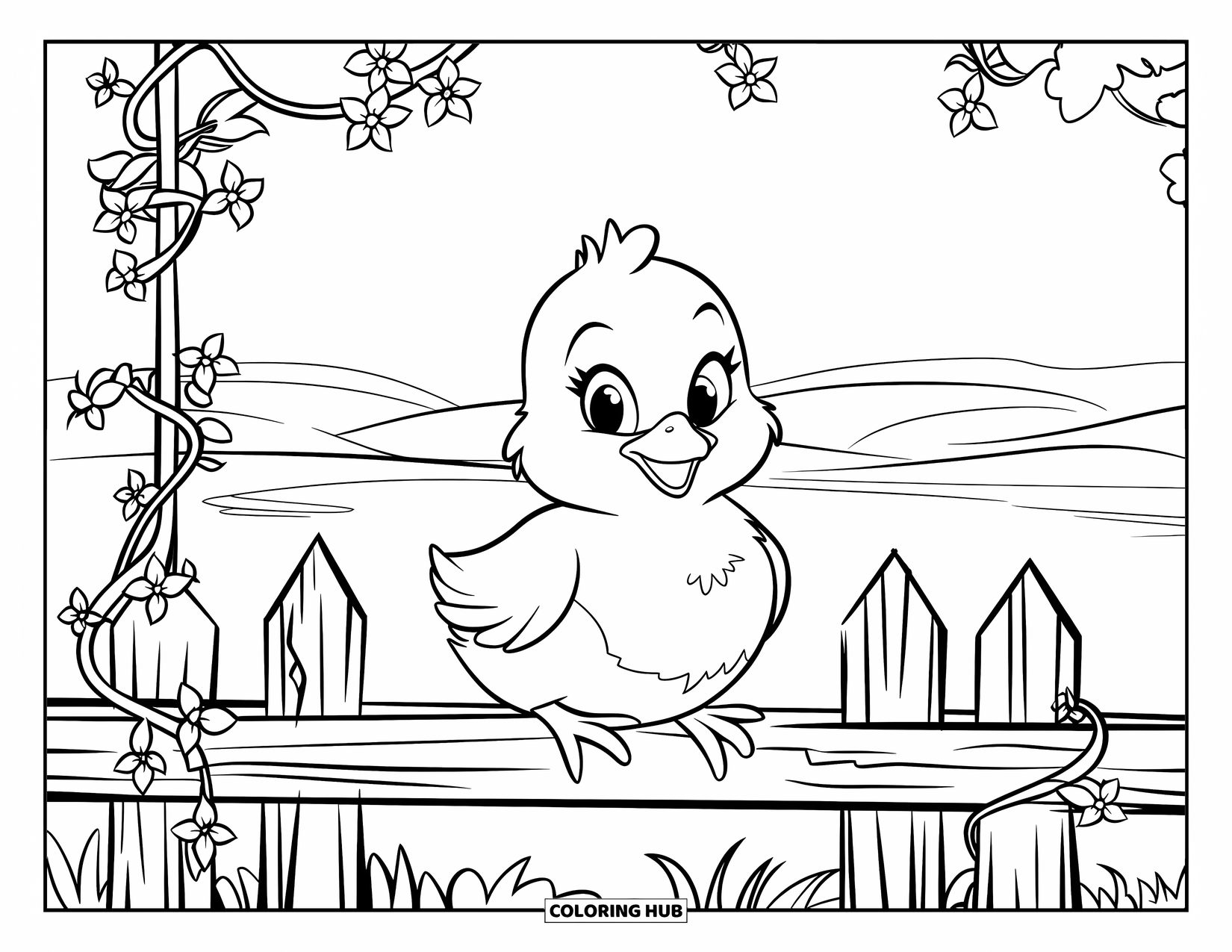 Desenho de Pintinho para Colorir para Adultos: Um pintinho pacífico empoleira-se em uma cerca de madeira florida perto de colinas e água