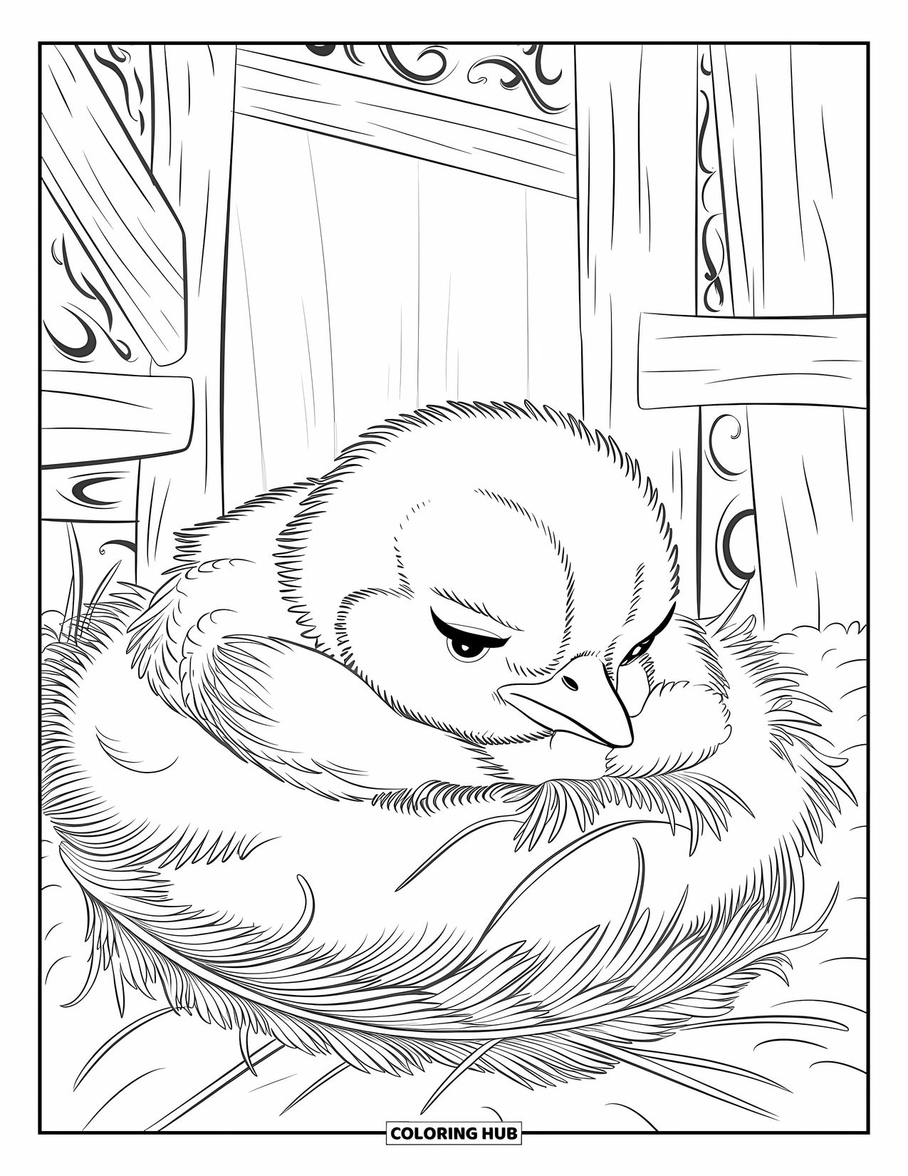 Desenho de Pintinho para Colorir para Adultos: Um pintinho pacífico repousa a cabeça na palha em um quarto rústico com vigas de madeira