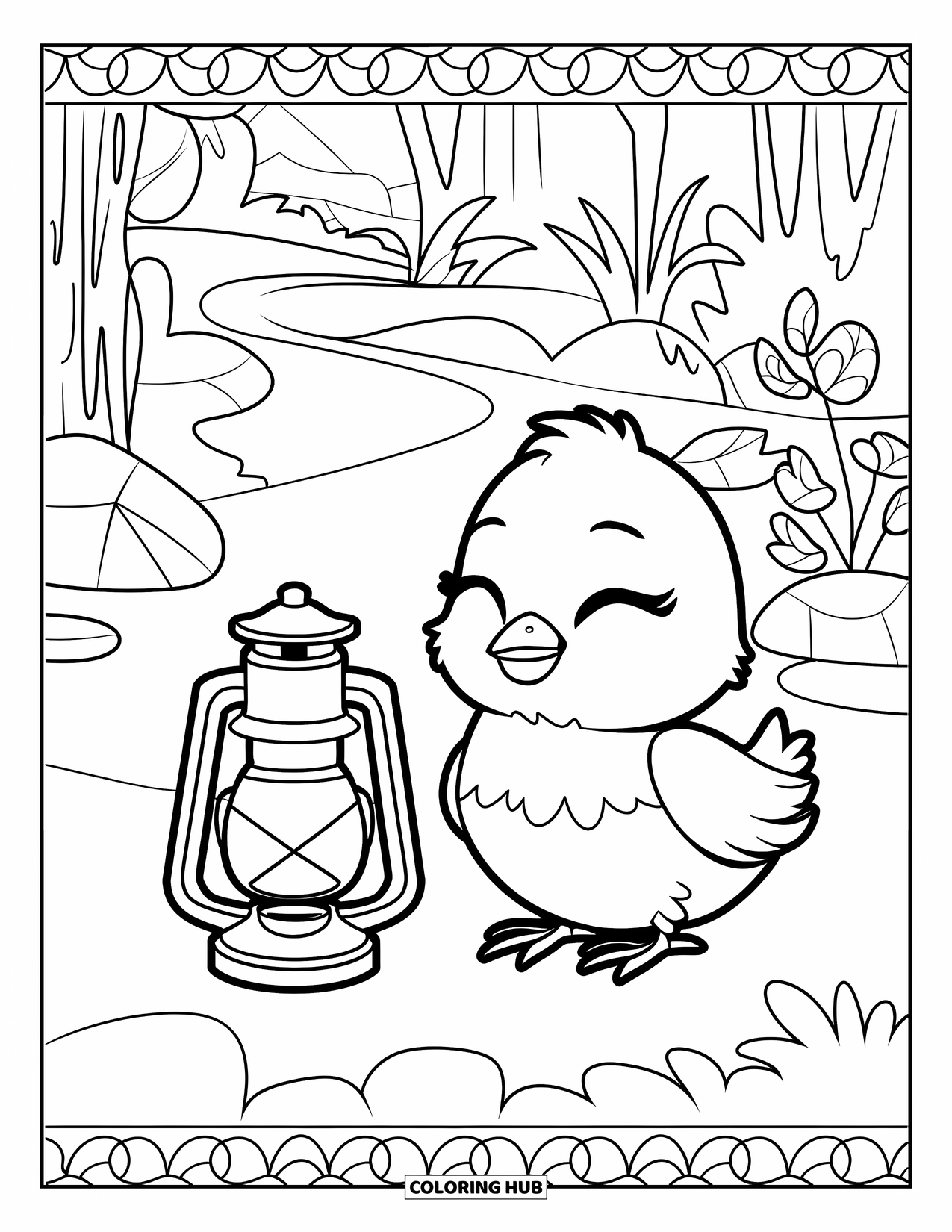 Desenho de Pintinho para Colorir para Adultos: Um pintinho pacífico senta-se ao lado de uma lanterna em um caminho de jardim tranquilo com pedras e plantas