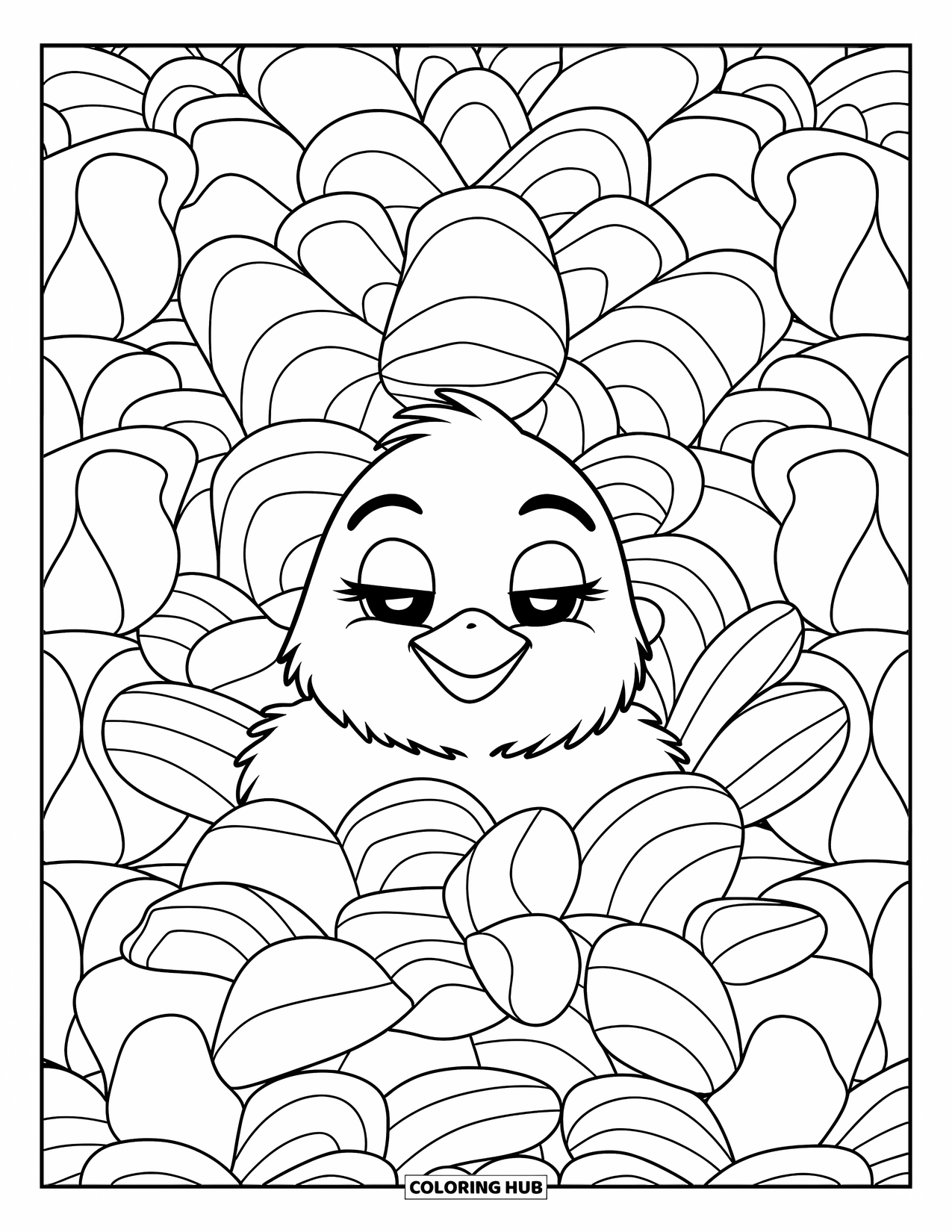 Desenho de Pintinho para Colorir para Adultos: Um pintinho sonolento está aninhado entre flores e folhas em camadas em um design tranquilo