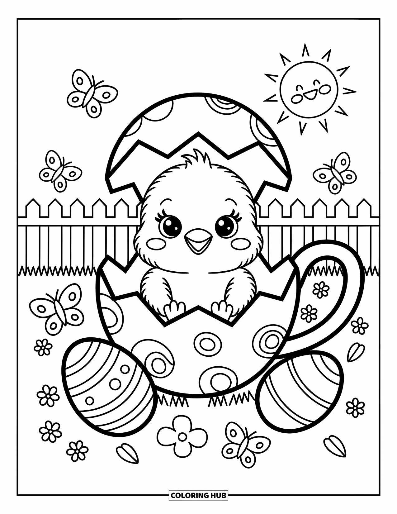 Desenho de Pintinho para Colorir para Adultos: Um pintinho doce em uma xícara de chá de casca de ovo está cercado por ovos de Páscoa e borboletas esvoaçantes