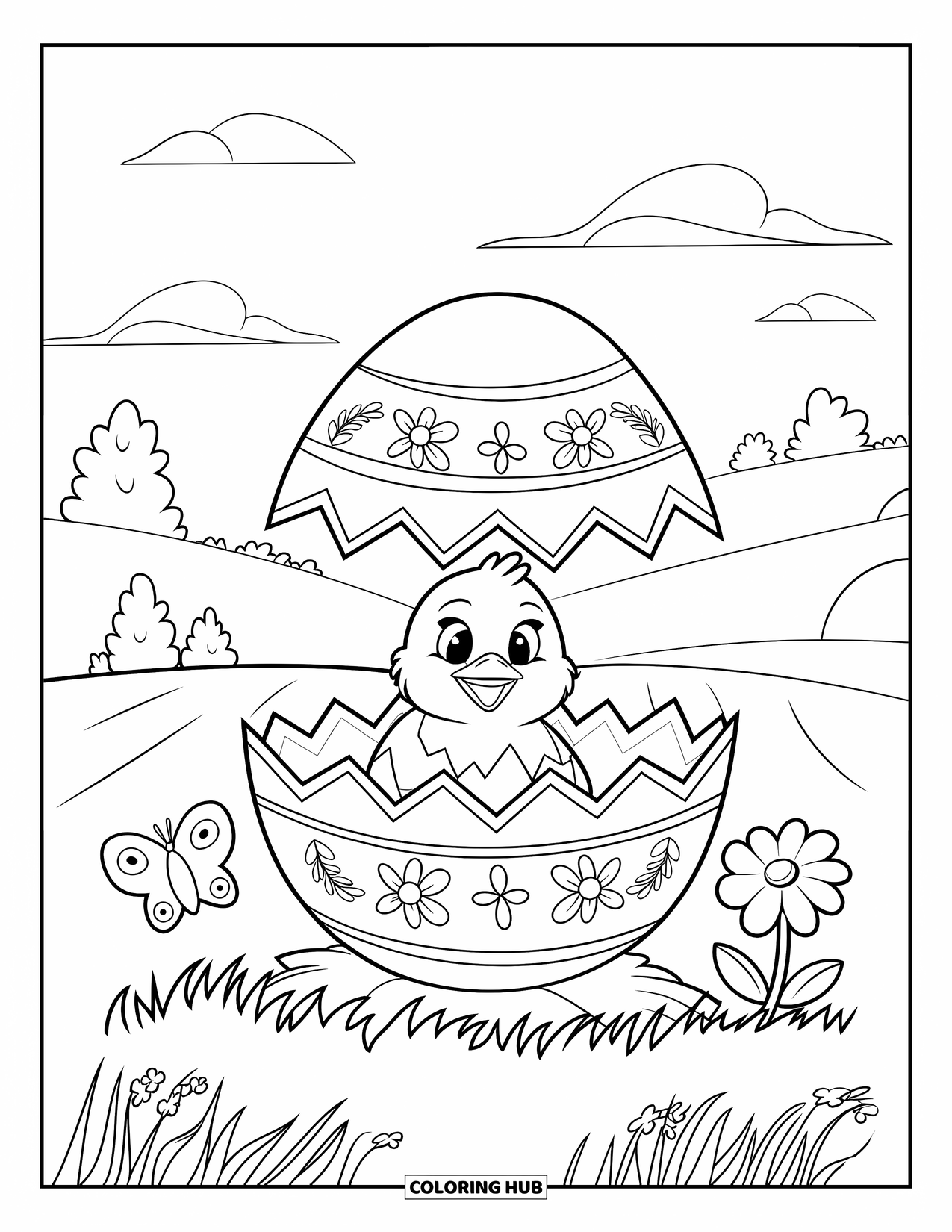 Desenho de Pintinho para Colorir para Adultos: Um pequeno pintinho dentro de um ovo floral senta-se na grama perto de borboletas e flores