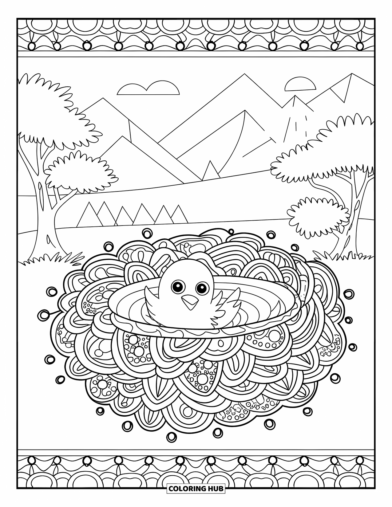 Desenho de Pintinho para Colorir para Adultos: Um pequeno pintinho descansa no centro de um ninho em estilo mandala com redemoinhos detalhados
