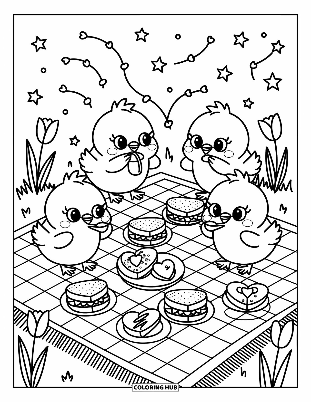 Desenho de Pintinho para Colorir para Adultos: Pintinhos desfrutam de um pequeno piquenique com doces sob vinhas, tulipas e estrelas cintilantes