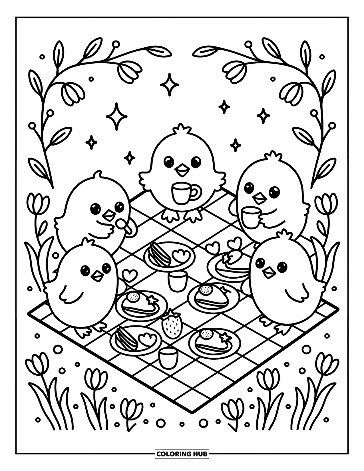 Desenho de Pintinho para Colorir para Adultos: Pintinhos fazem um piquenique com mini sanduíches, morangos e biscoitos de coração em uma manta