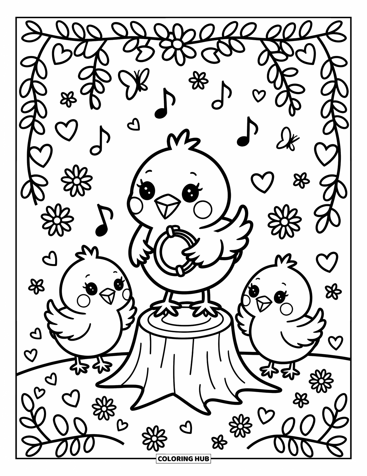 Desenho de Pintinho para Colorir para Adultos: Pintinhos fazem música com pandeiros e palmas enquanto borboletas e margaridas dançam por perto