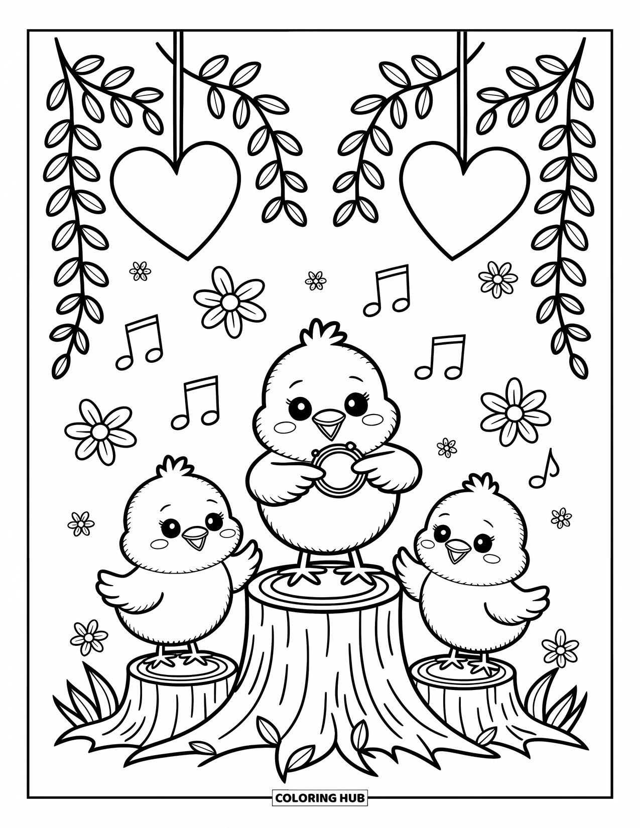 Desenho de Pintinho para Colorir para Adultos: Pintinhos tocam música em um jardim cheio de notas, borboletas e estrelas penduradas