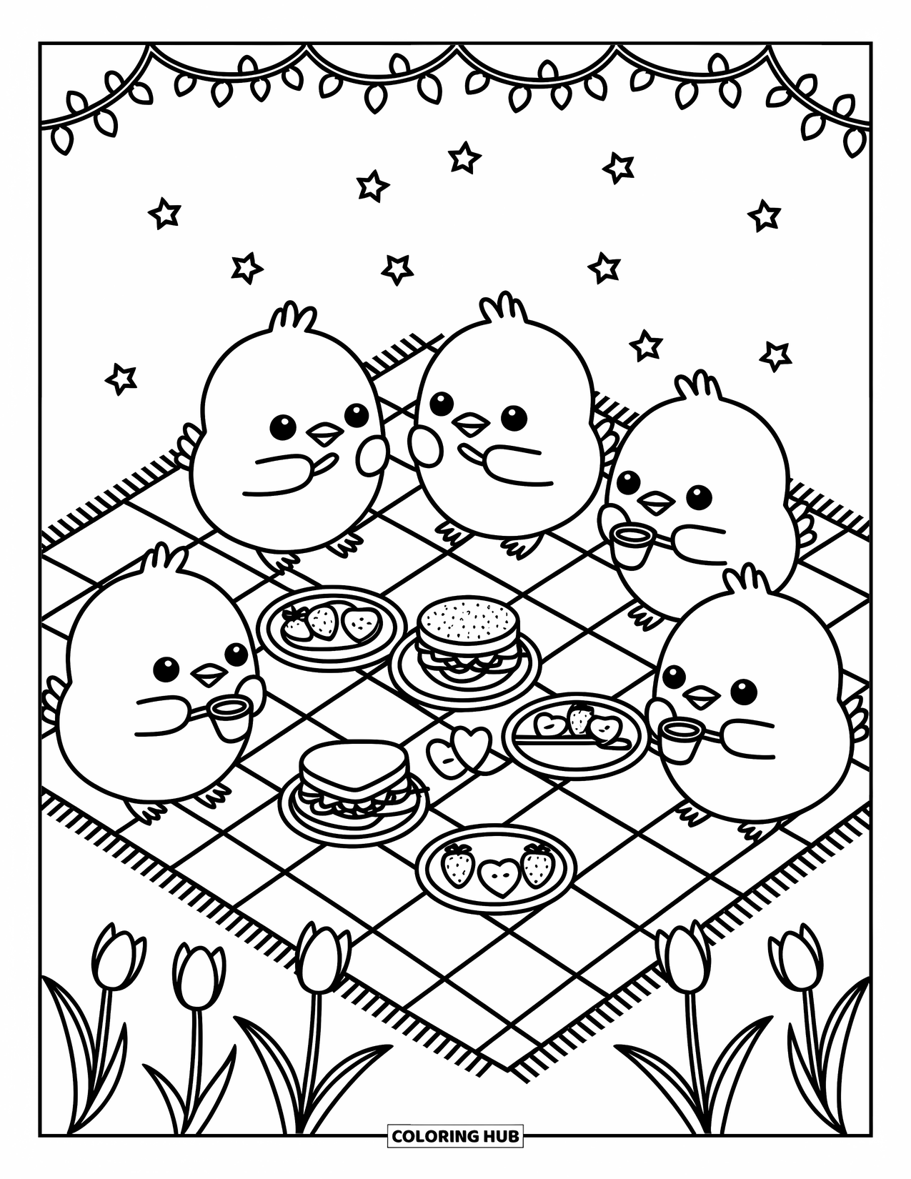 Desenho de Pintinho para Colorir para Adultos: Pintinhos compartilham um piquenique fofo em uma manta cheia de biscoitos e pequenos lanches