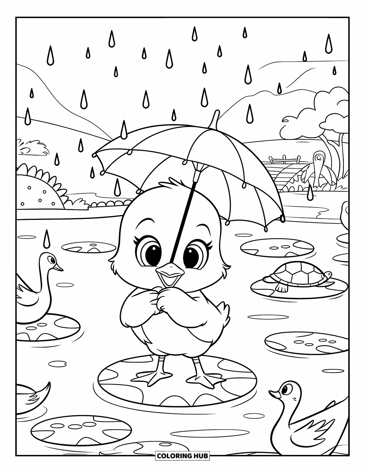 Desenho de Pintinho para Colorir para Crianças: Um bebê pintinho segura um pequeno guarda-chuva enquanto está em uma folha de lírio em um lago