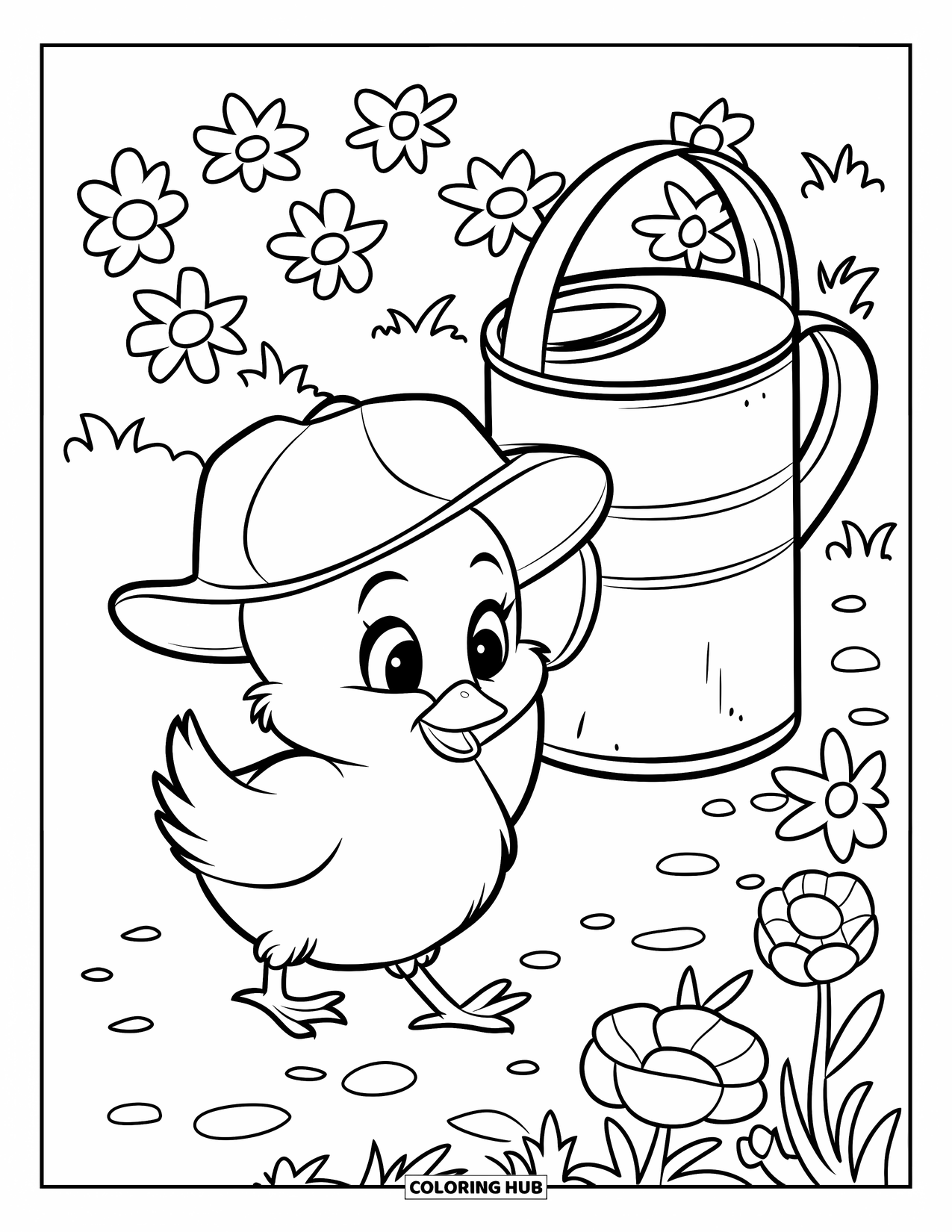 Desenho de Pintinho para Colorir para Crianças: Um pintinho alegre de chapéu caminha ao lado de um regador em um jardim de flores