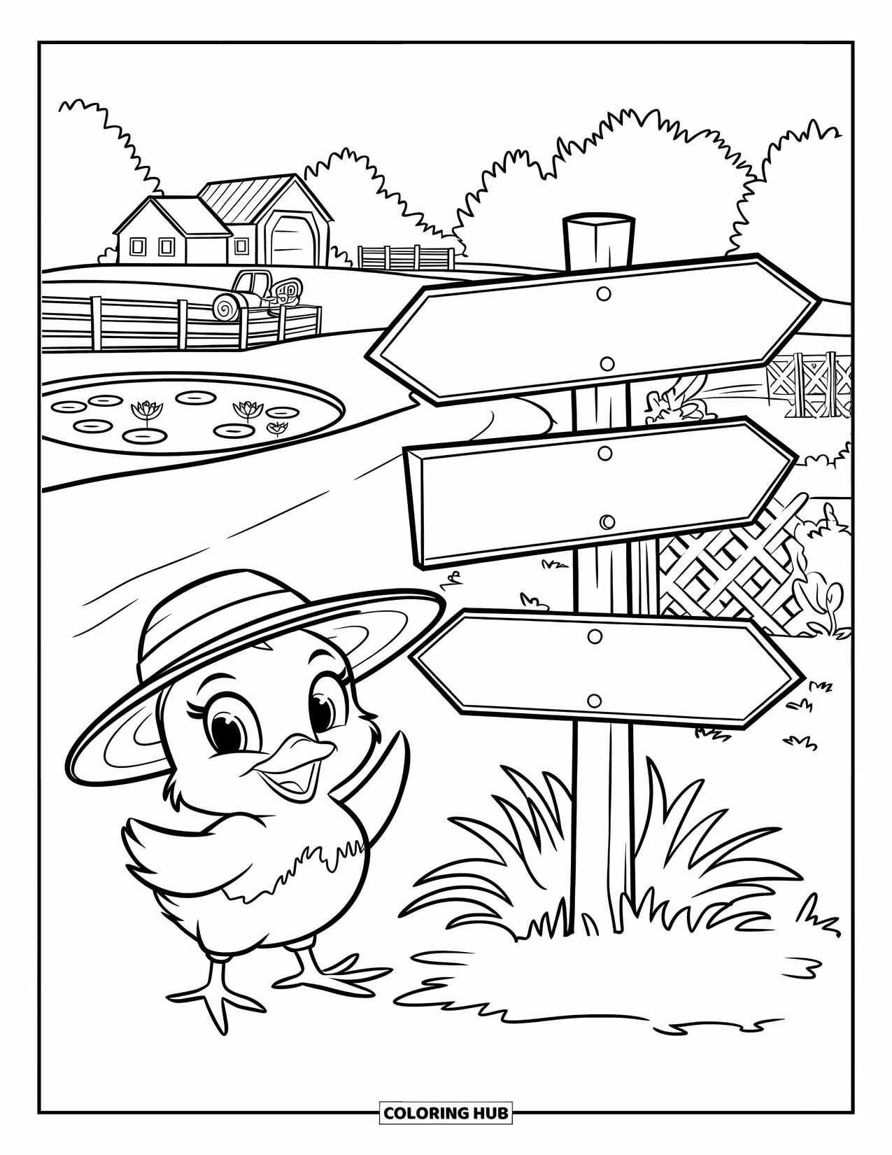 Desenho de Pintinho para Colorir para Crianças: Um pintinho alegre de chapéu de palha sorri perto de uma placa perto da fazenda