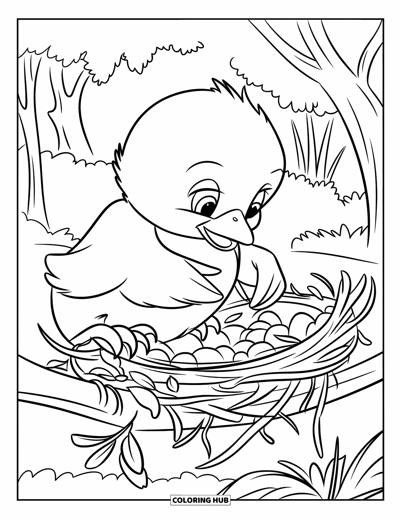 Desenho de Pintinho para Colorir para Crianças: Um pintinho organiza galhos em um galho em uma floresta tranquila