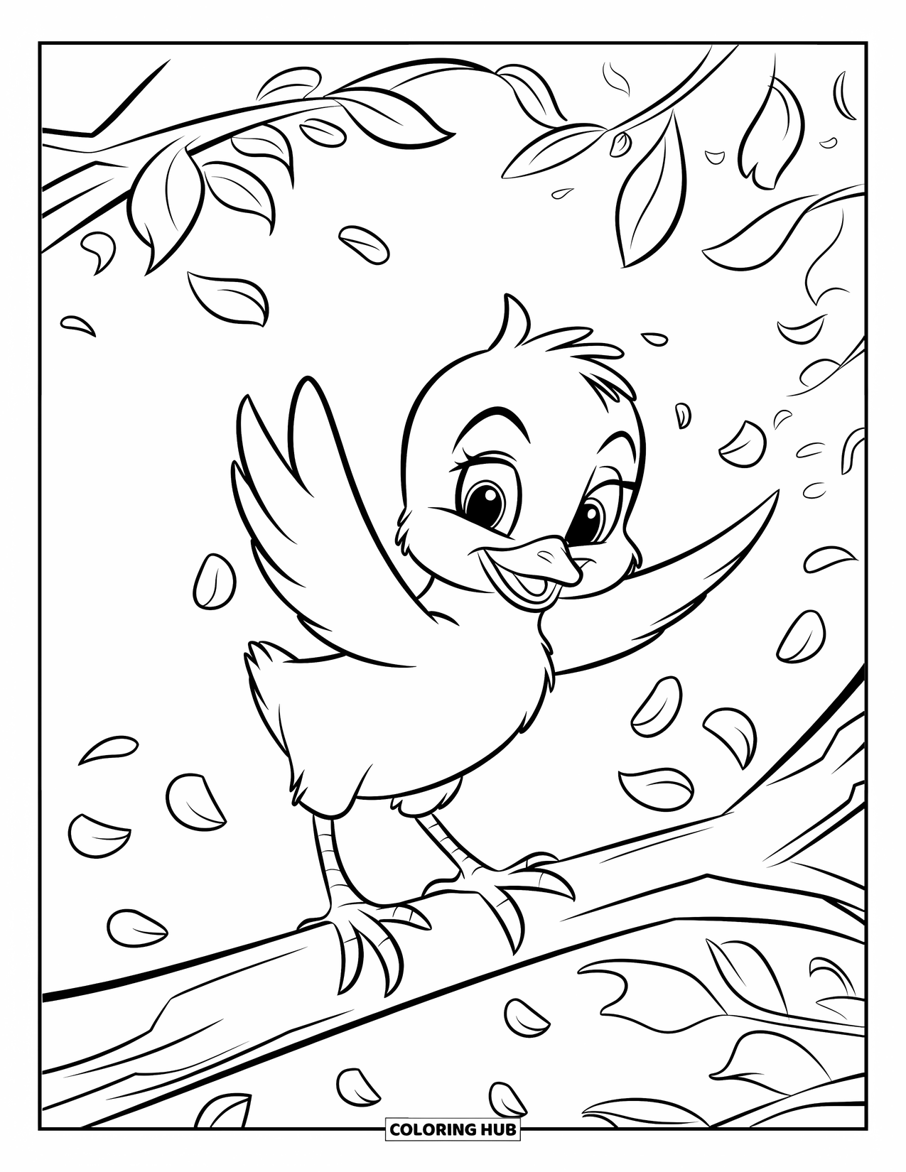 Desenho de Pintinho para Colorir para Crianças: Um pintinho se equilibra em um galho enquanto pétalas caem suavemente ao redor