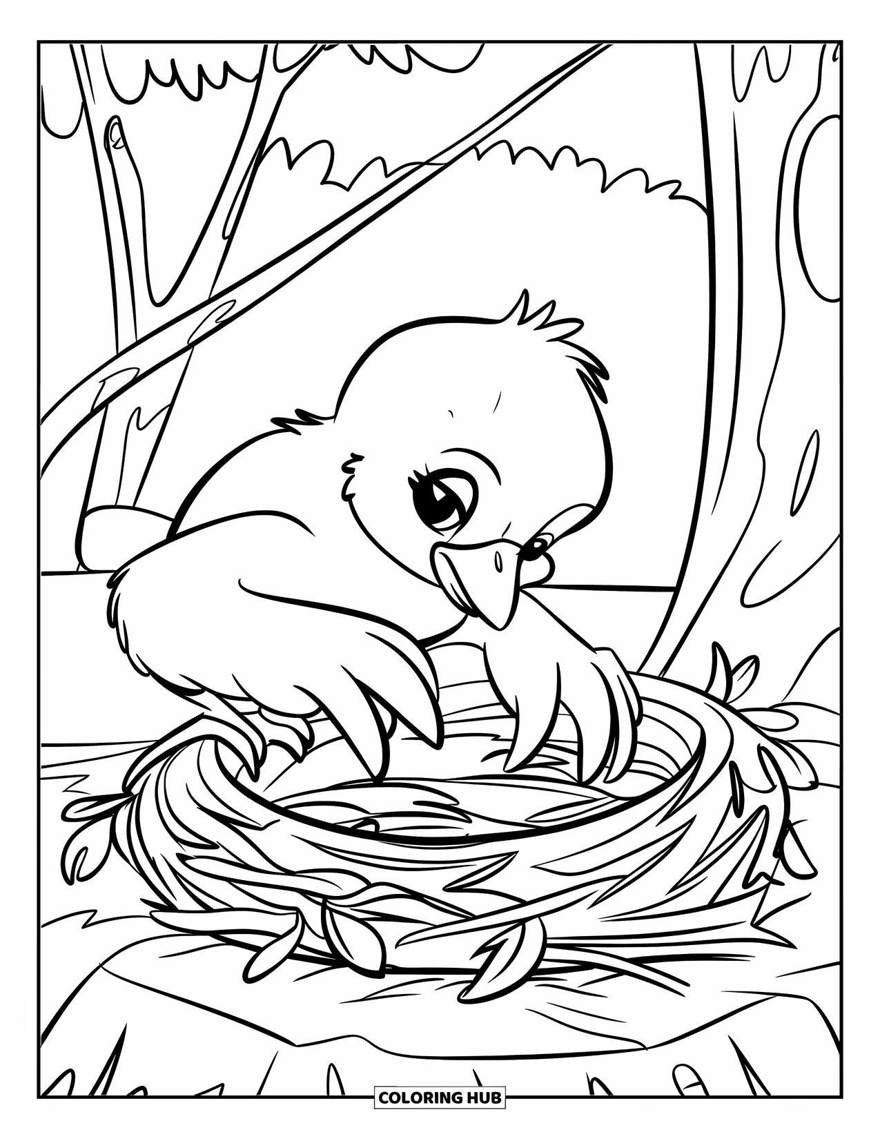 Desenho de Pintinho para Colorir para Crianças: Um pintinho constrói um ninho com galhos e folhas enquanto está sentado em uma pedra